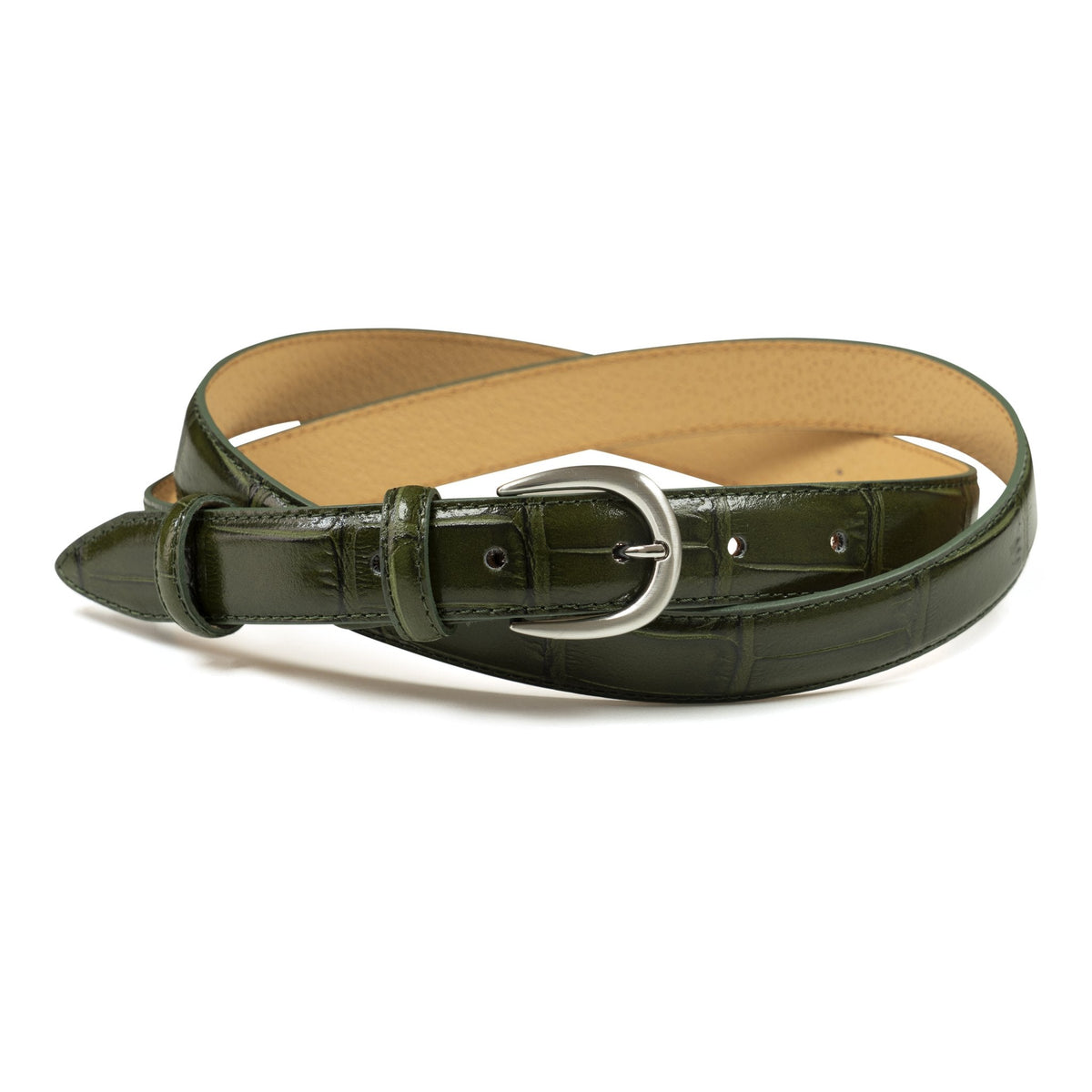 Ceinture femme cuir croco vert forêt fine 25 mm