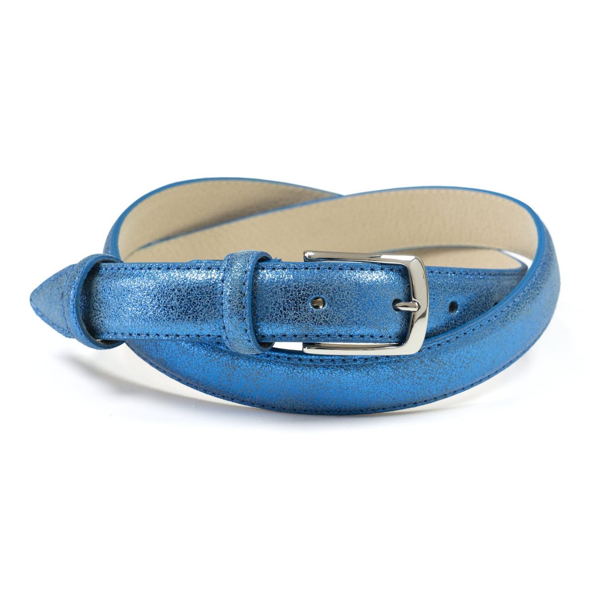 Ceinture femme cuir métallisé bleu jean fine 25 mm