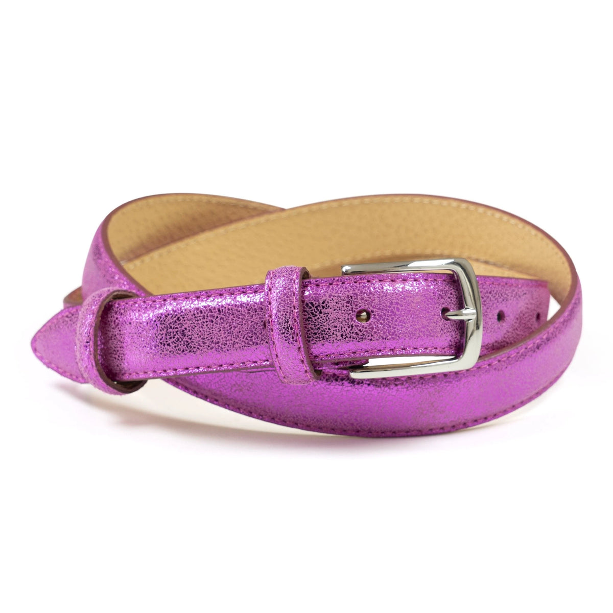 Ceinture femme cuir métallisé rose fine 25 mm