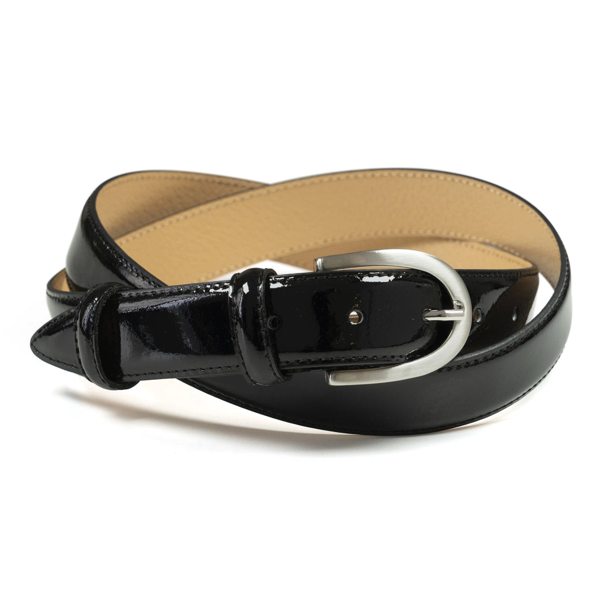 Ceinture femme cuir vernis noir boucle ronde fine 30 mm