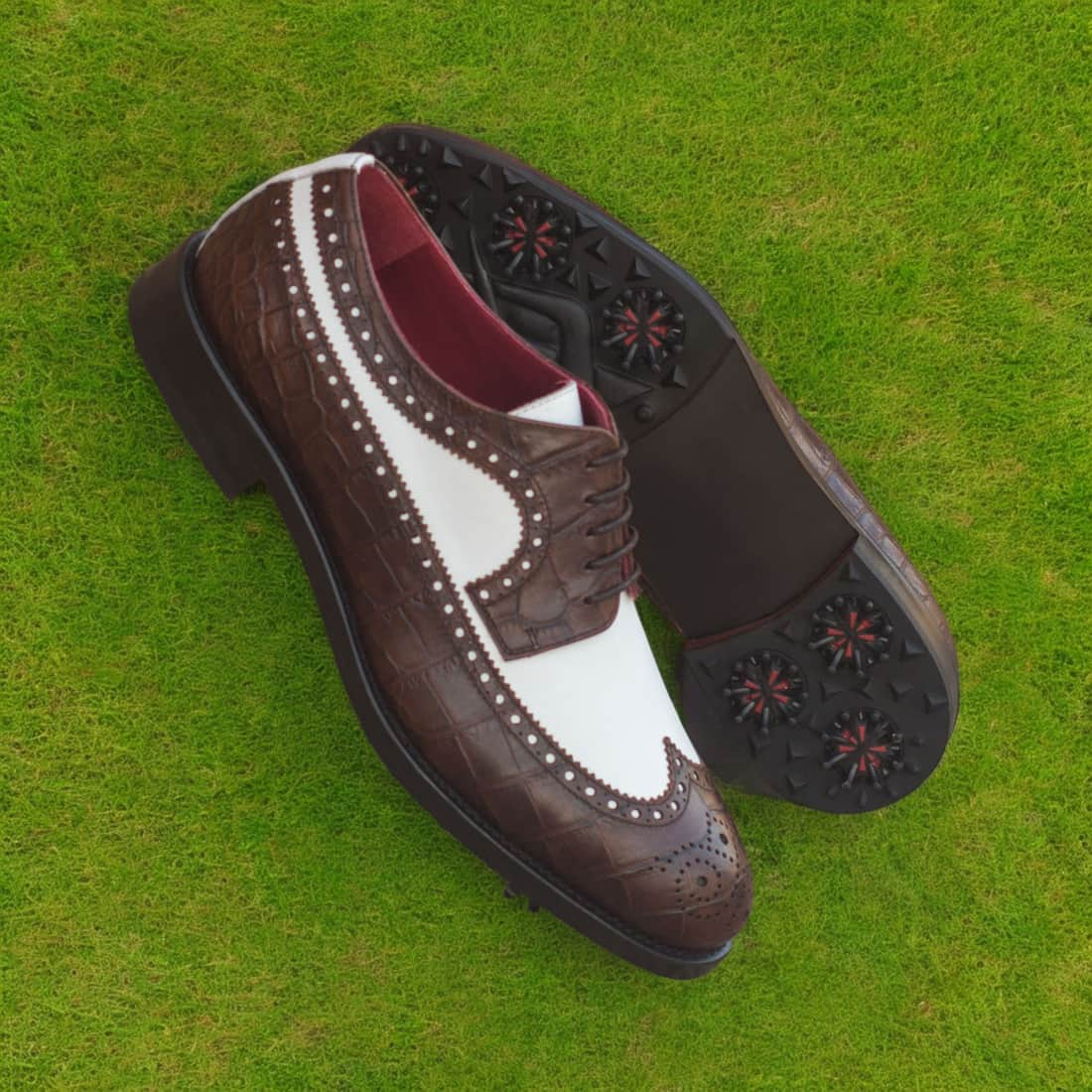 Derby Longwing de golf en cuir blanc et croco marron