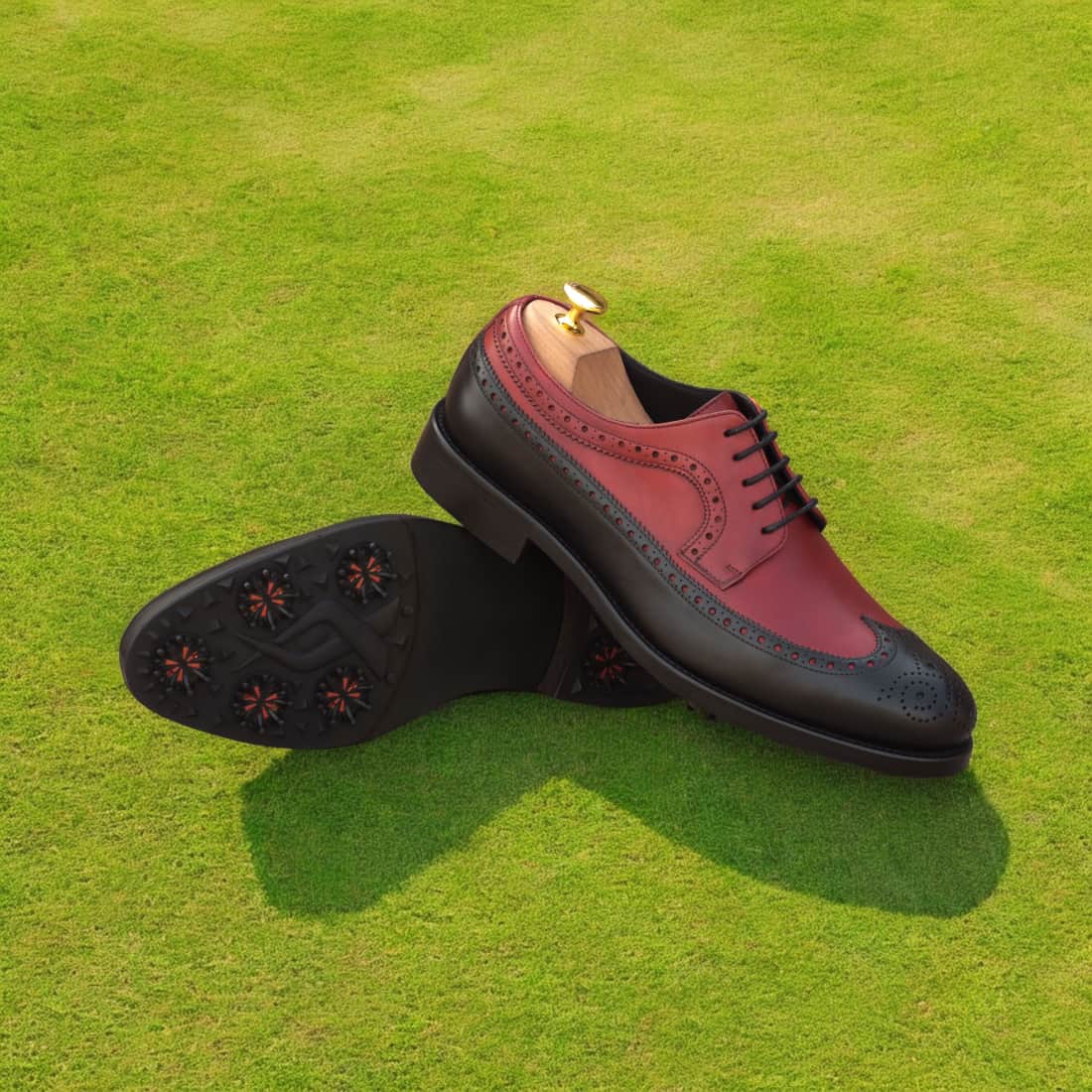 Derby Longwing de golf en cuir noir et rouge - Chaussures