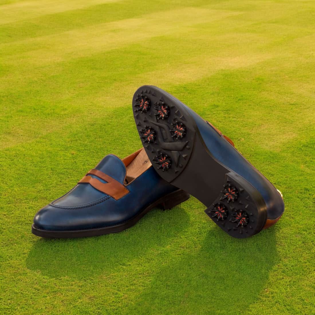 Mocassins de golf en cuir marine et cognac - Chaussures