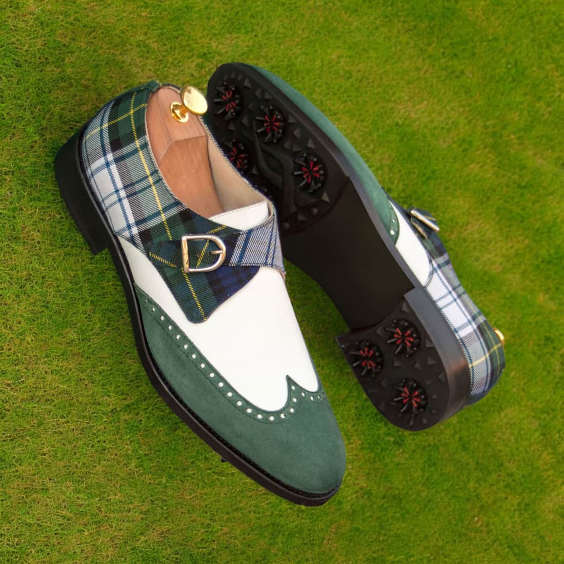 Derby à boucle de golf en daim vert et tartan - Chaussures