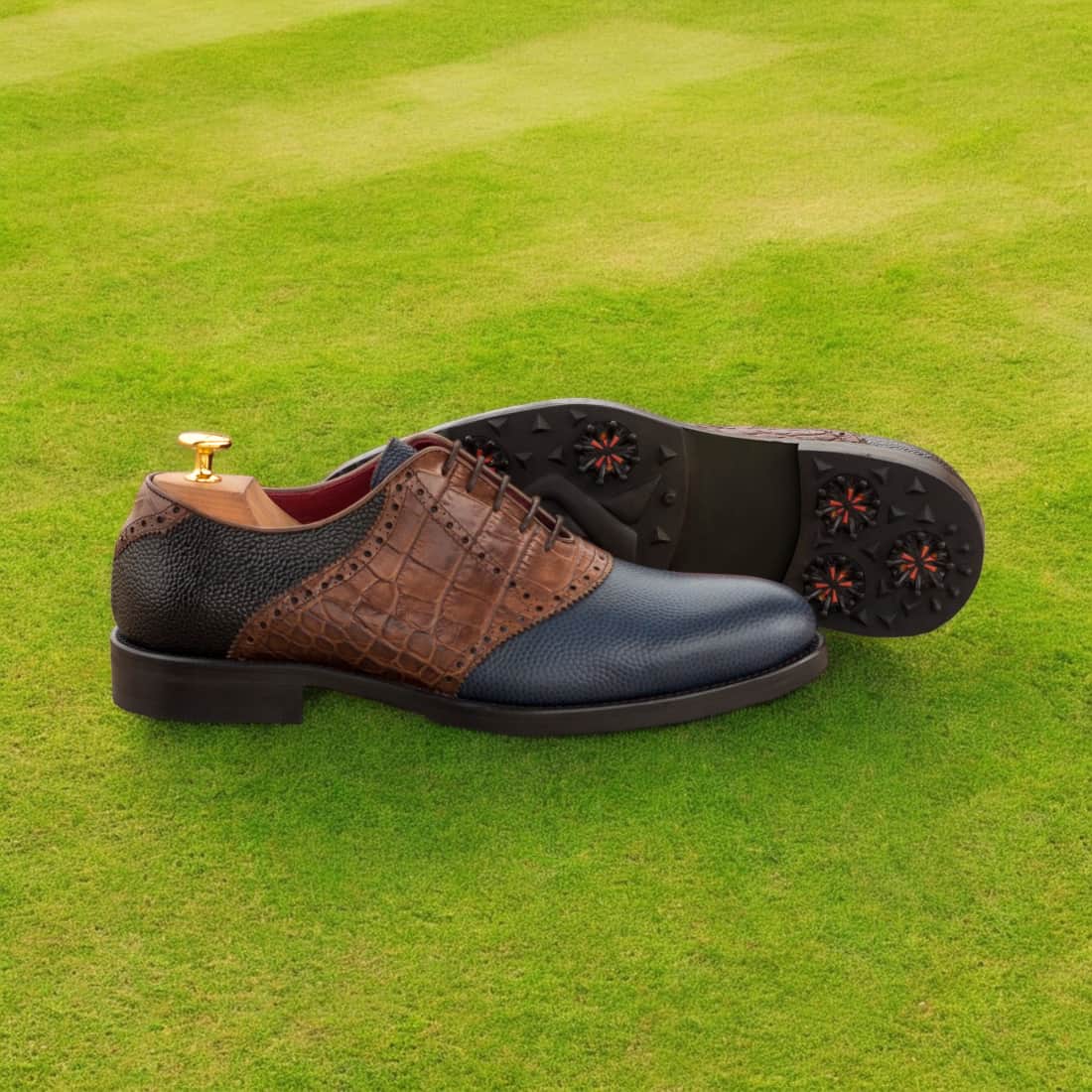Richelieu de golf en cuir/croco bleu marron et noir