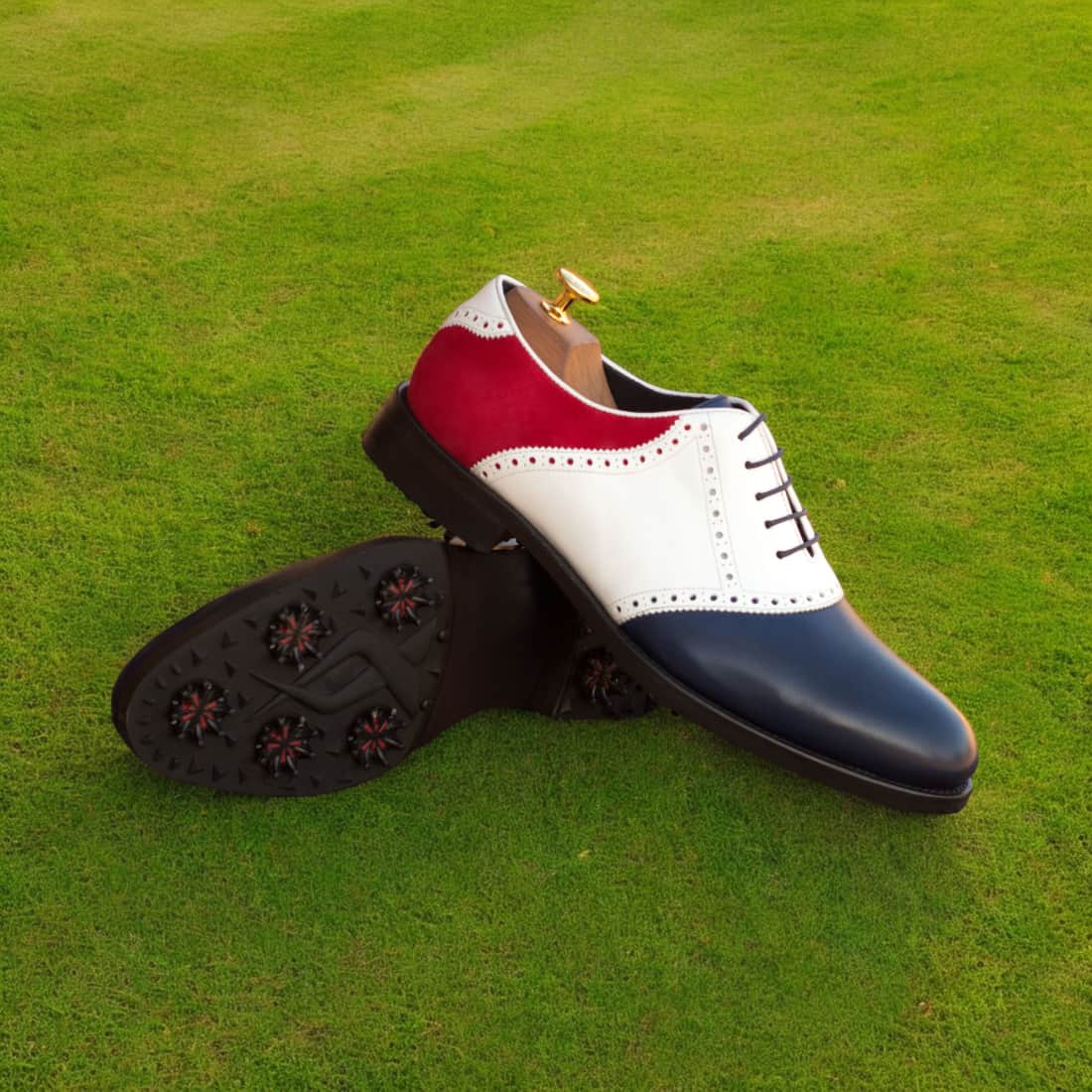 Richelieu de golf en cuir et daim bleu-blanc-rouge