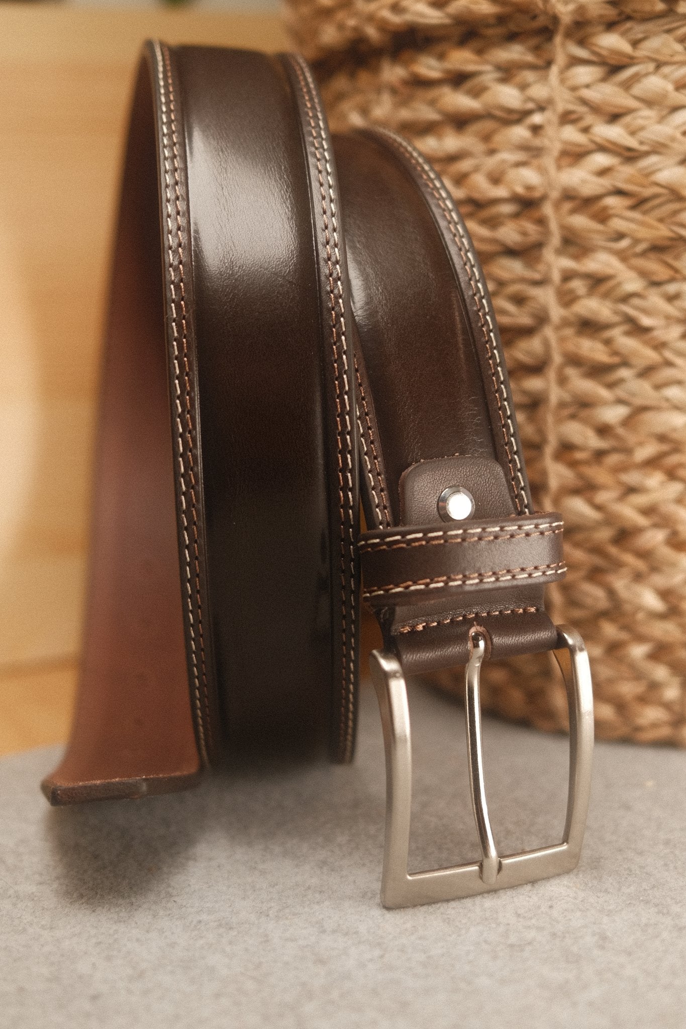 Ceinture en cuir de taureau 40 mm – surpiqûre contrastée, boucle large Norbert Bottier Accessoires Norbert Bottier