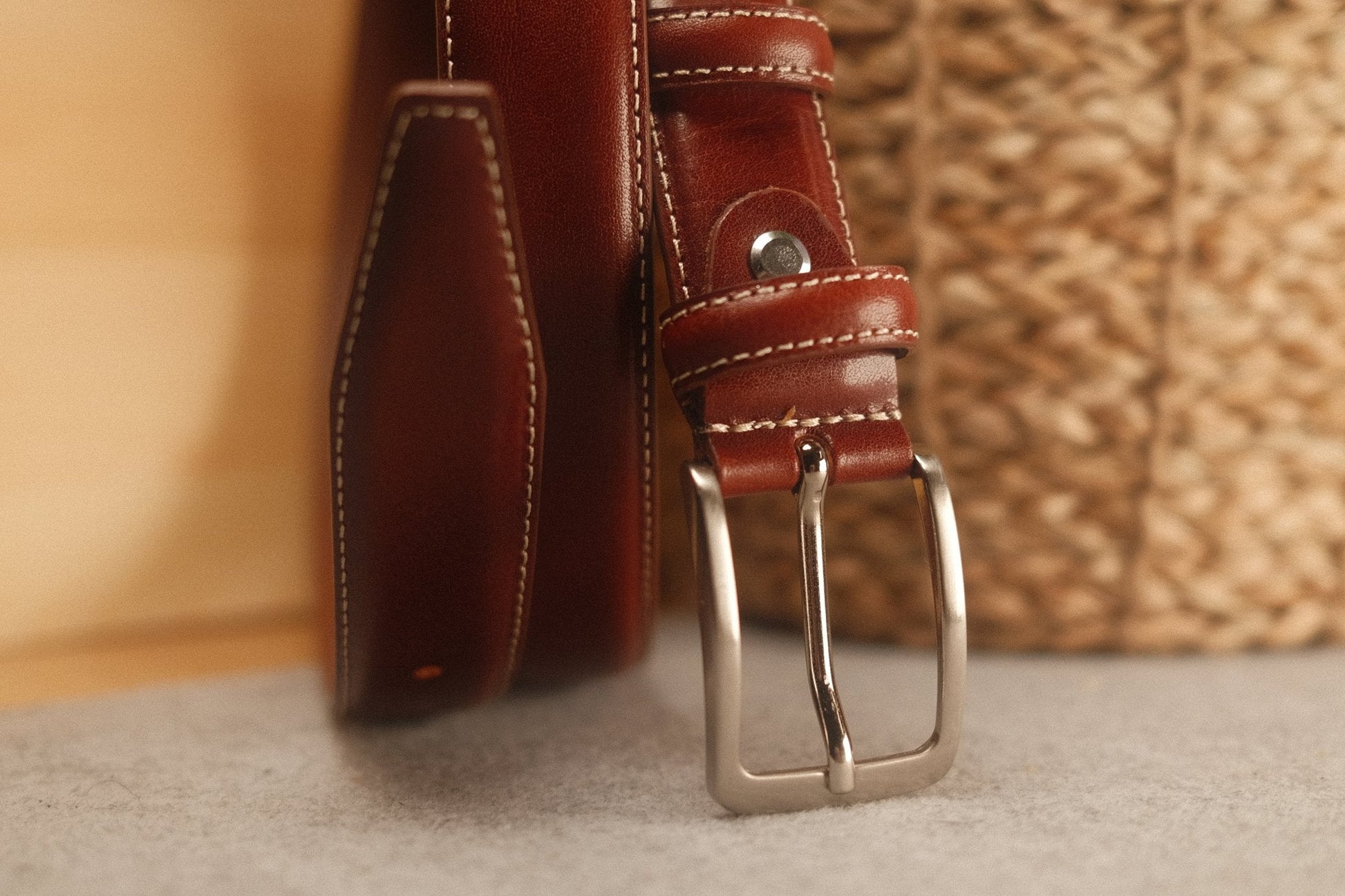 Ceinture en cuir cognac – surpiqûre écru, 30 mm Norbert Bottier Accessoires Norbert Bottier