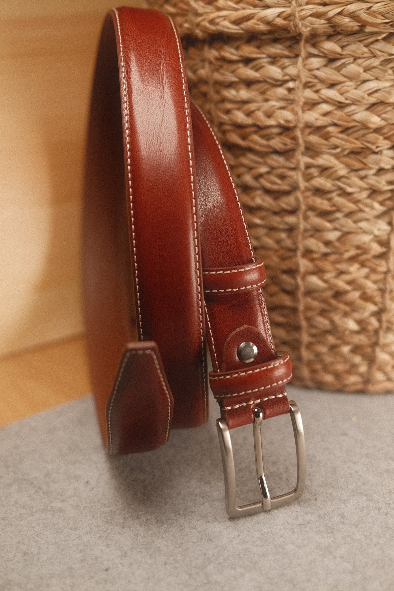 Ceinture en cuir cognac – surpiqûre écru, 30 mm Norbert Bottier Accessoires Norbert Bottier