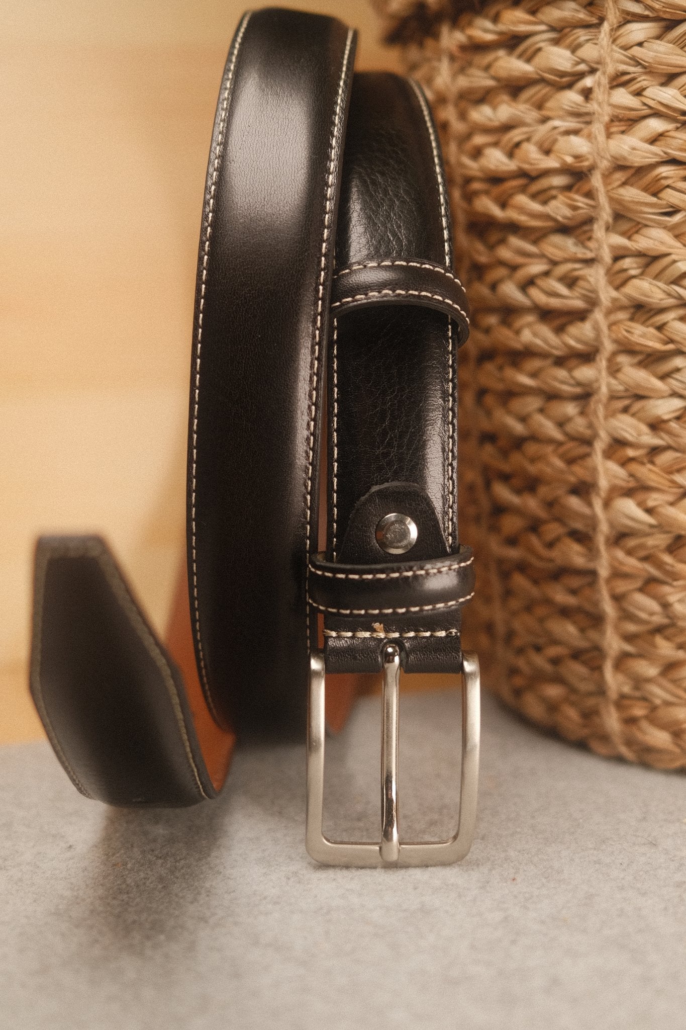 Ceinture en cuir noir – surpiqûre écru, 30 mm Norbert Bottier Accessoires Norbert Bottier