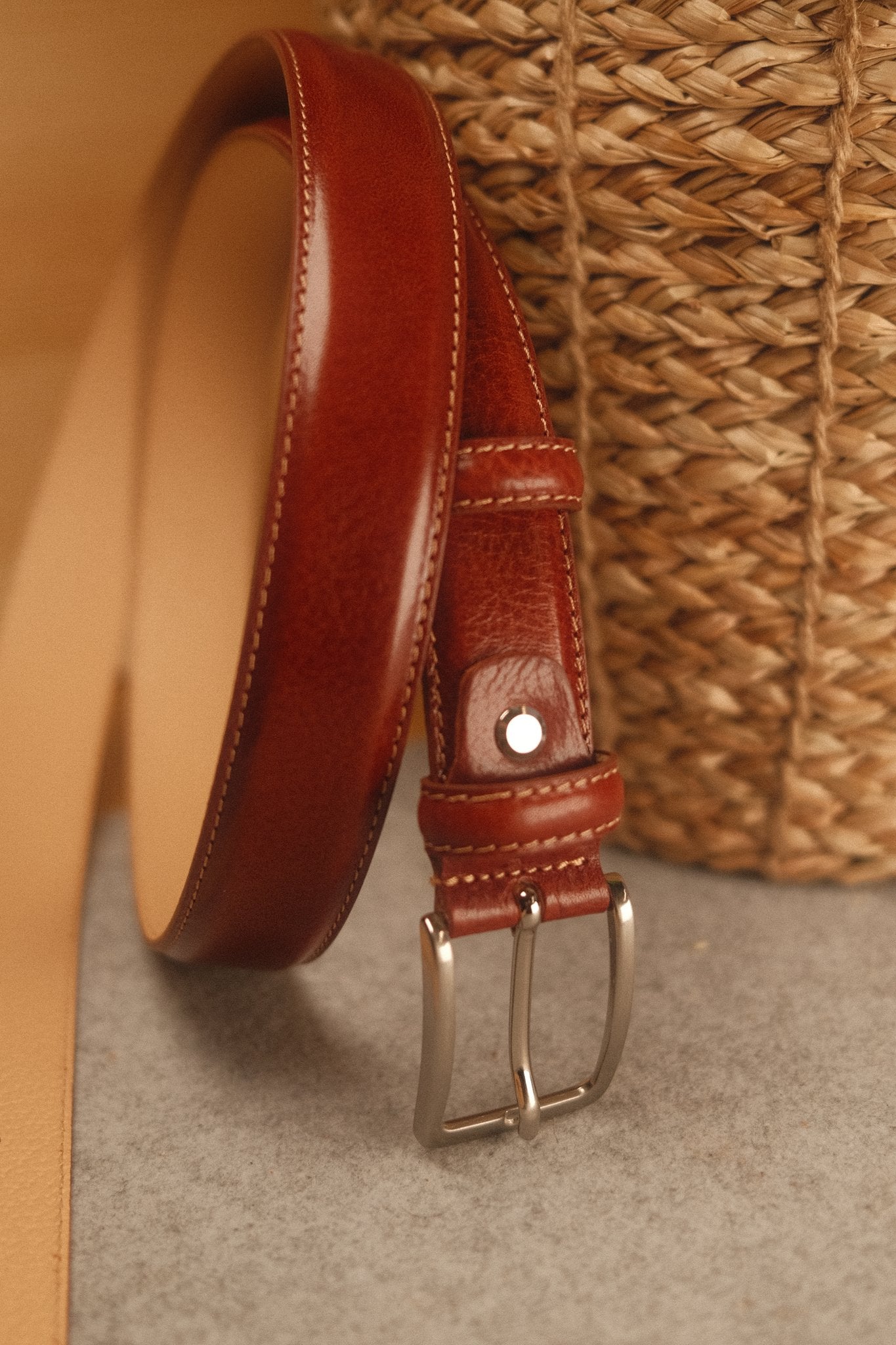Ceinture en cuir cognac – surpiqûre écru, doublure clair, 30 mm Norbert Bottier Accessoires Norbert Bottier