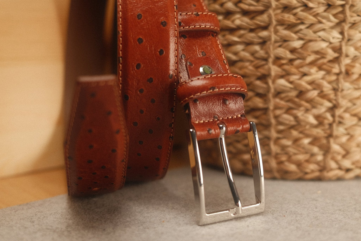 Ceinture en cuir cognac façon autruche 35 mm – vue 2