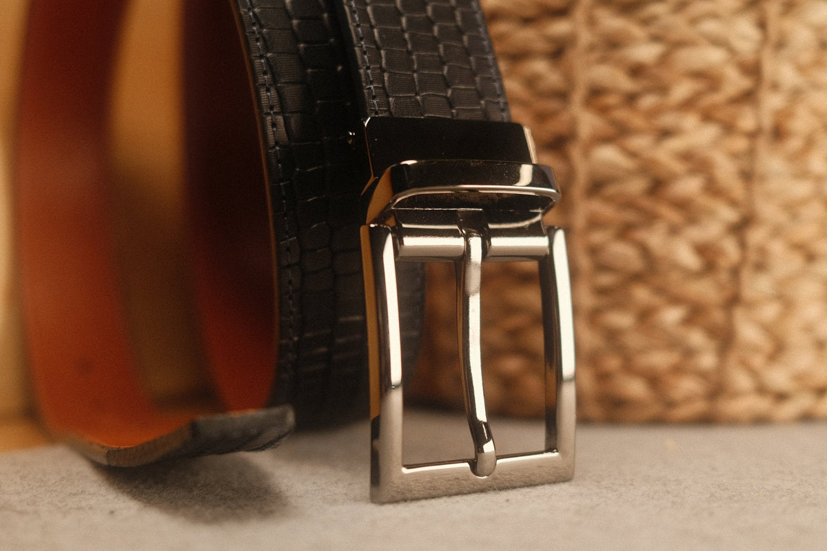 Ceinture en cuir Bleu Marine – Marron Clair façon croco réversible 35 mm – vue 4