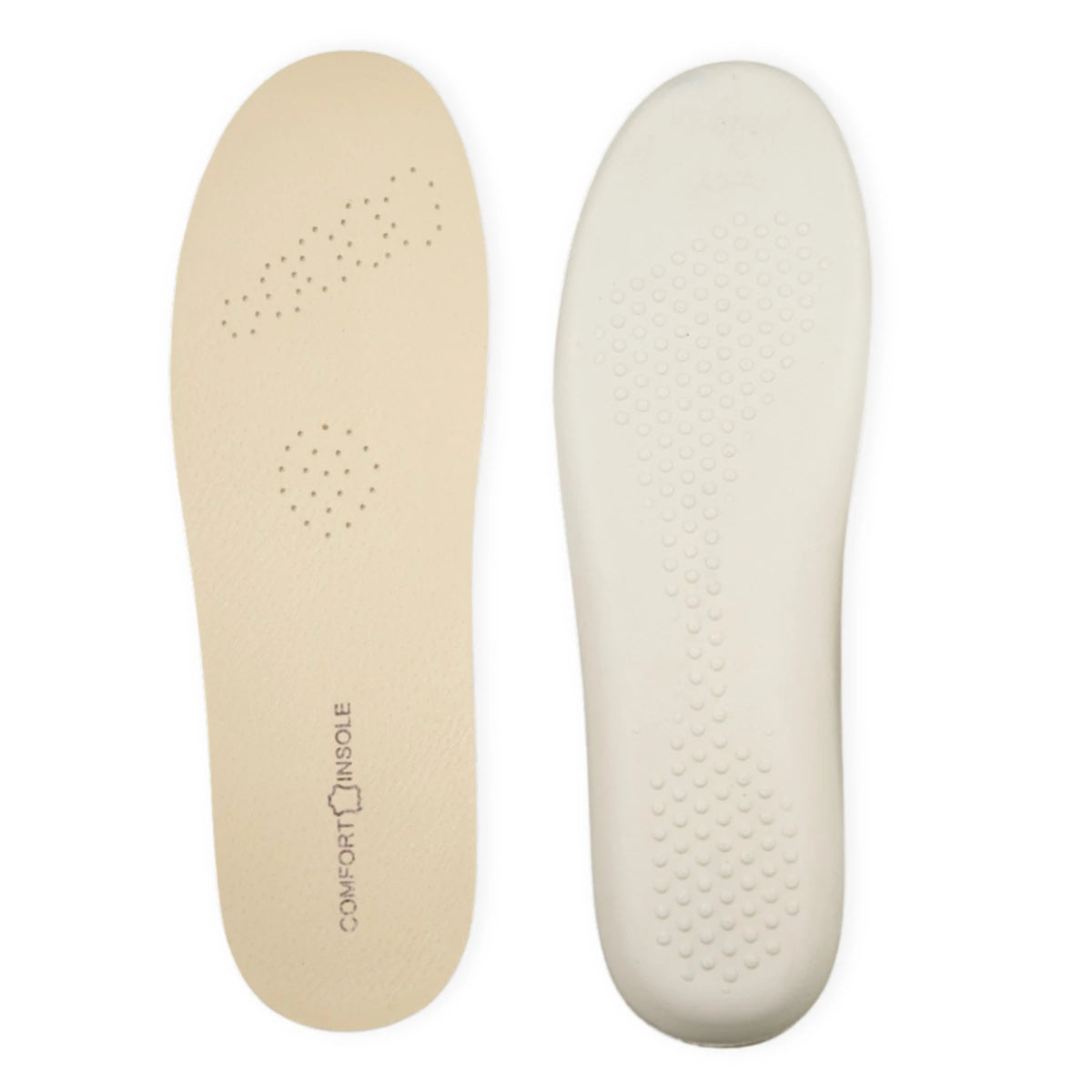 Semelle épaisse vue de dessus, côté cuir perforé, et de dessous, côté mousse blanche à picots.