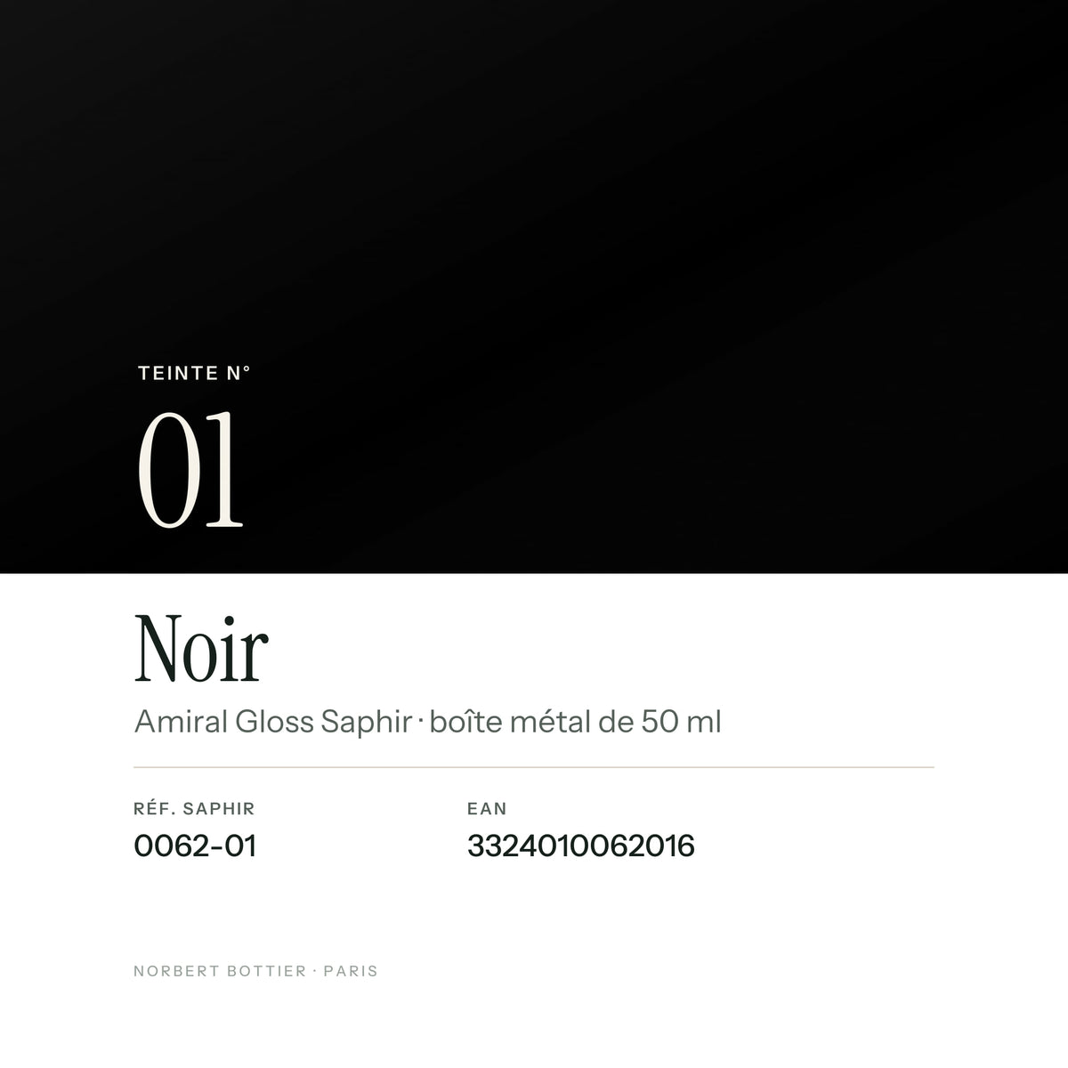 Teinte Noir n° 01 de la Amiral Gloss Saphir, réf. 0062-01, EAN 3324010062016