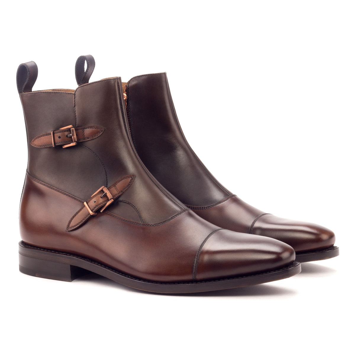 Bottines à Double Boucles en cuir bicolore marron – vue 1