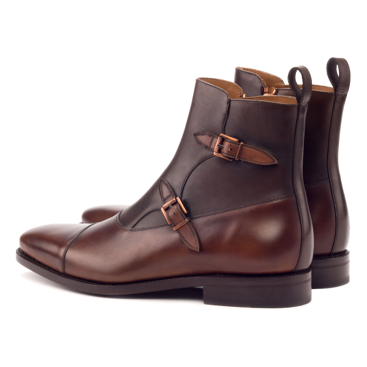 Bottines à Double Boucles en cuir bicolore marron – vue 3