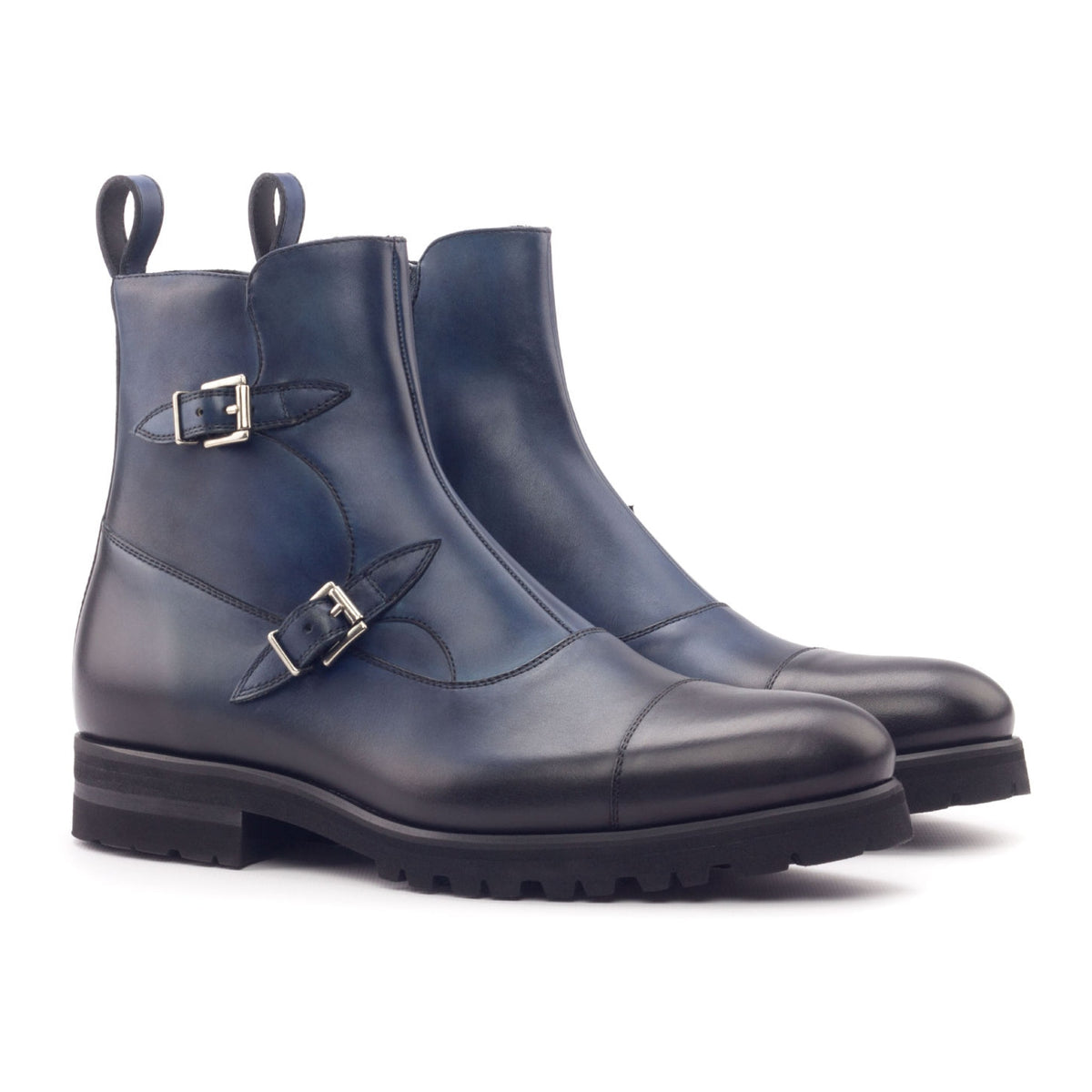 Bottines à Double Boucles en cuir bleu marine - Semelles Commando – vue 1