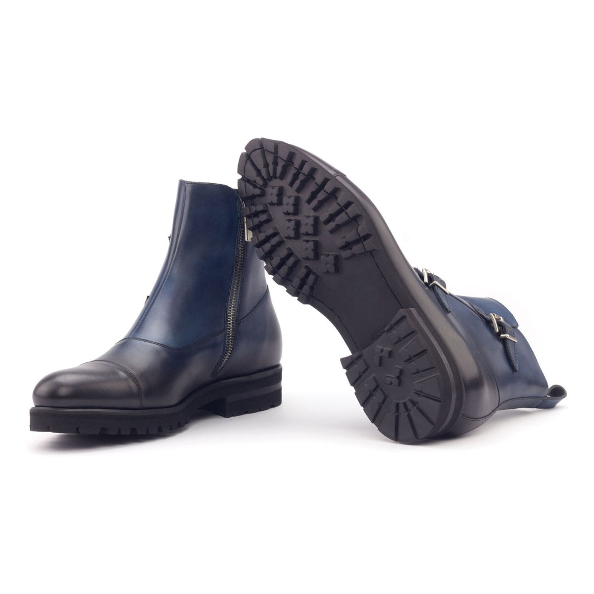 Bottines à Double Boucles en cuir bleu marine - Semelles Commando – vue 2