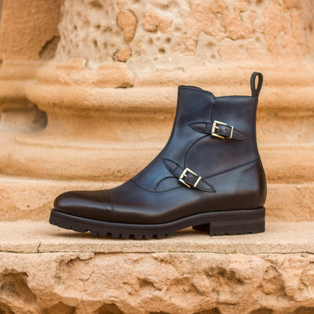 Bottines à Double Boucles en cuir bleu marine - Semelles Commando – vue 4