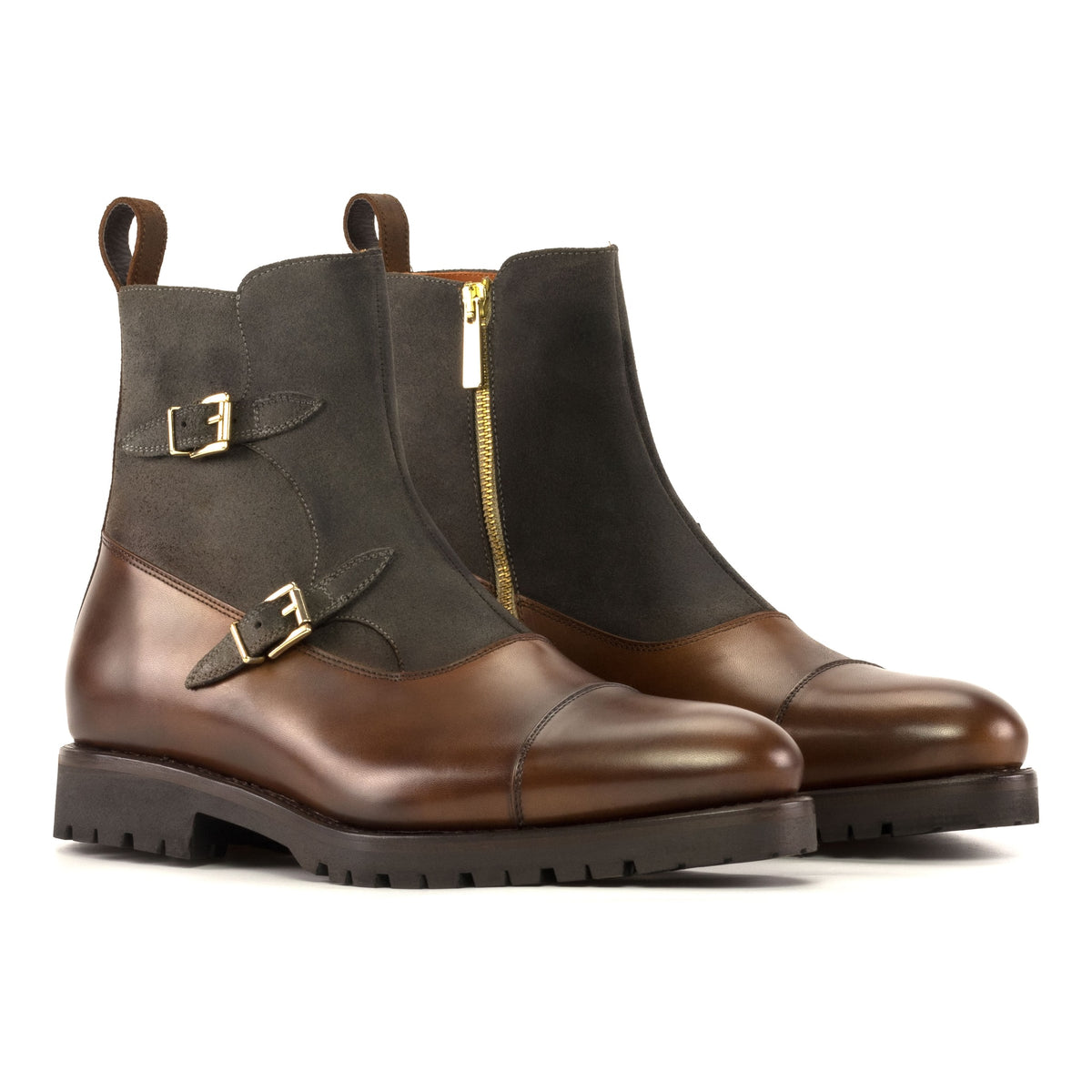 Bottines à Double Boucles en cuir et daim marron - Semelles Commando – vue 1