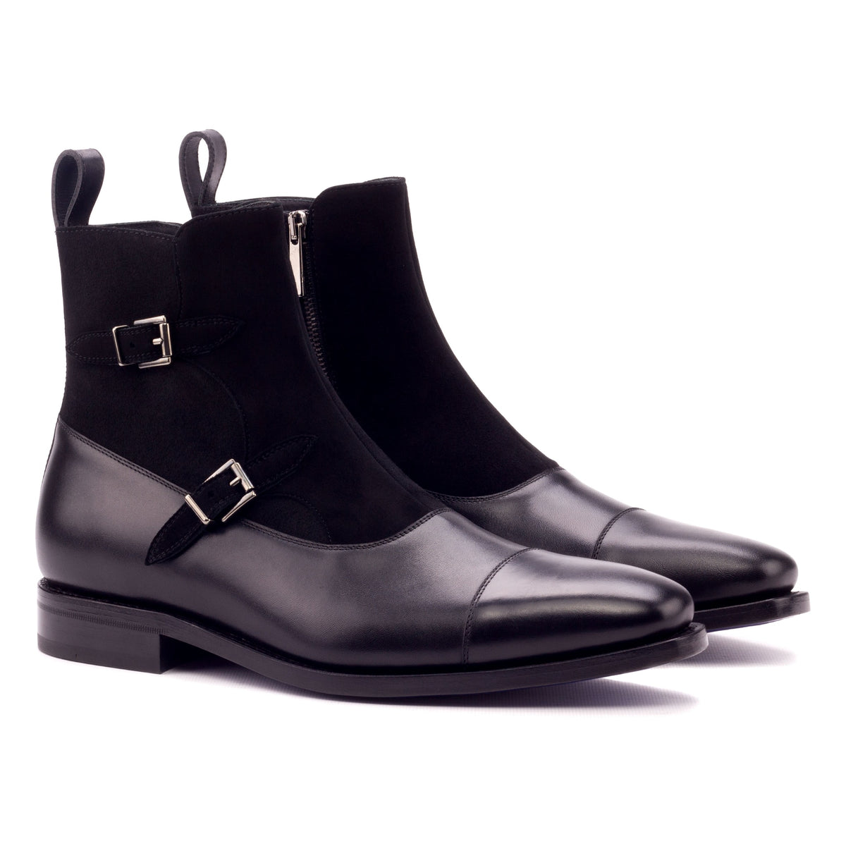 Bottines à Double Boucles en cuir et daim noir – vue 1