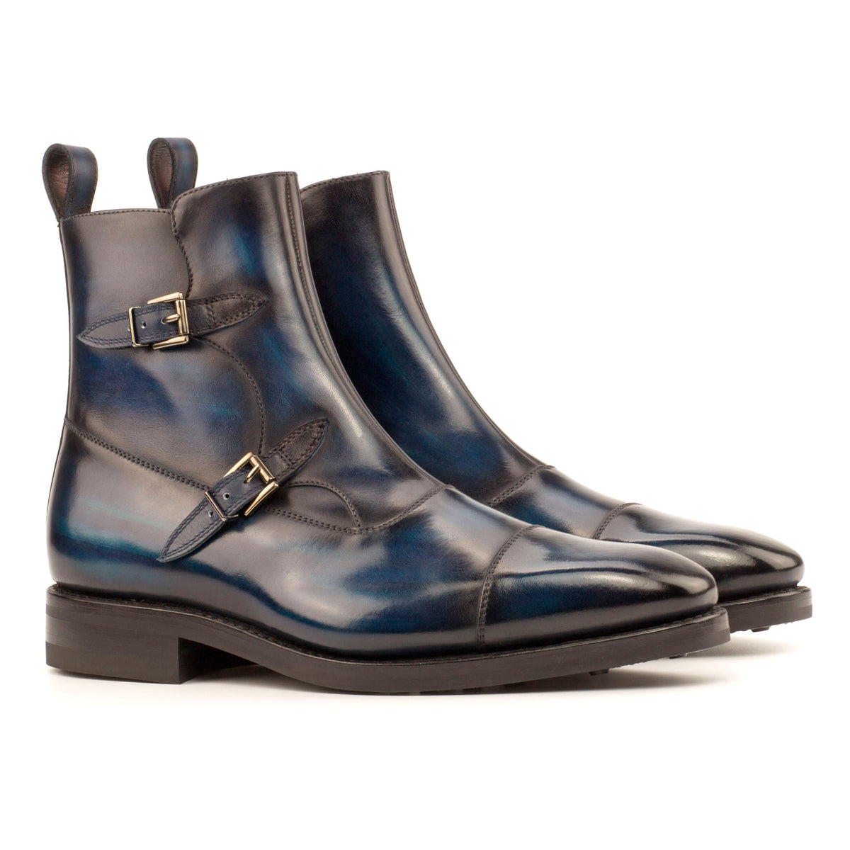 Bottines à Double Boucles en cuir patiné bleu - Semelles Dainite® – vue 1