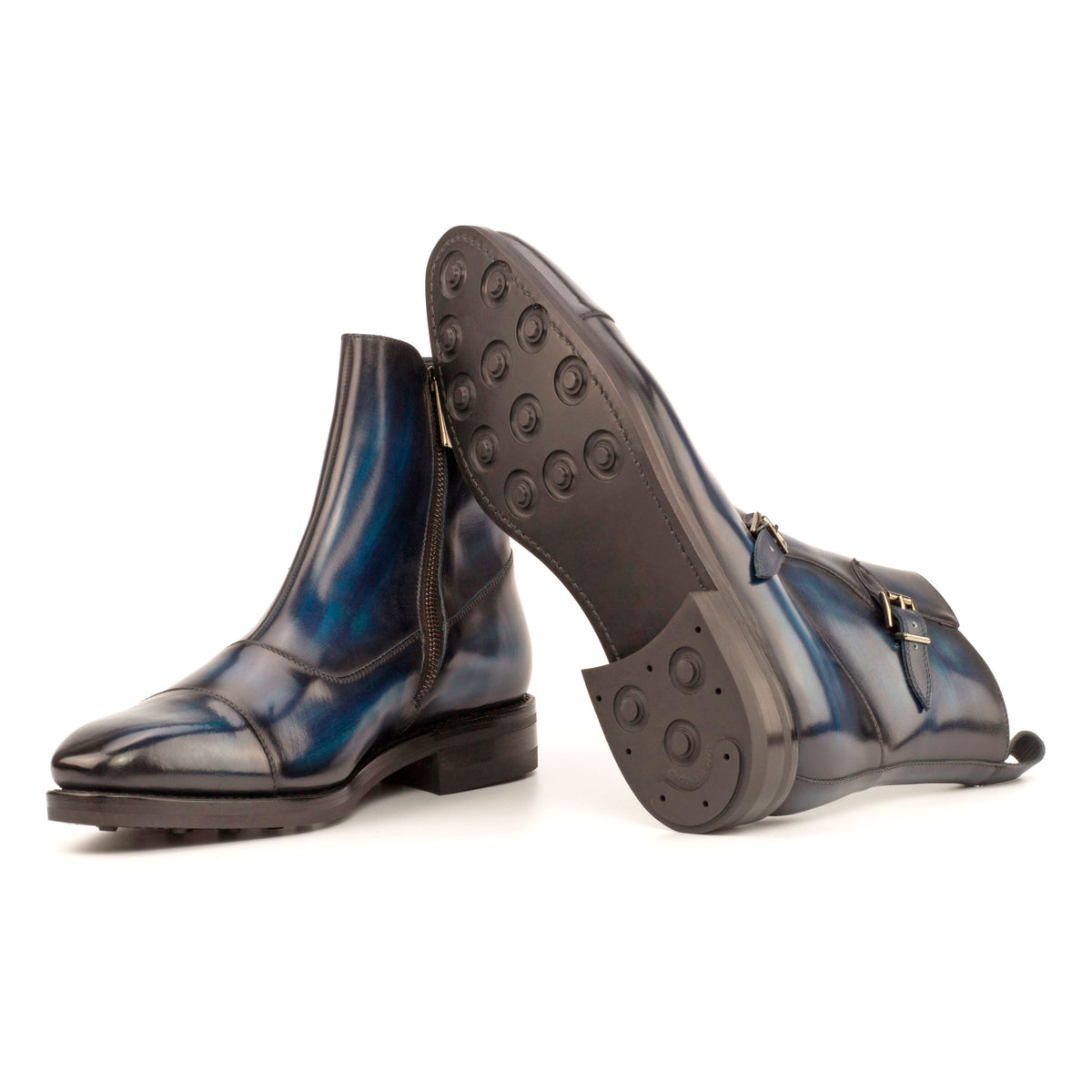 Bottines à Double Boucles en cuir patiné bleu - Semelles Dainite® – vue 2