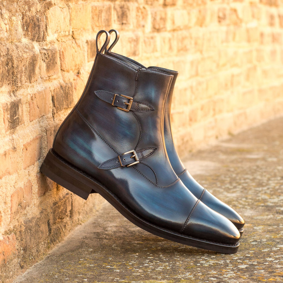Bottines à Double Boucles en cuir patiné bleu - Semelles Dainite® – vue 4