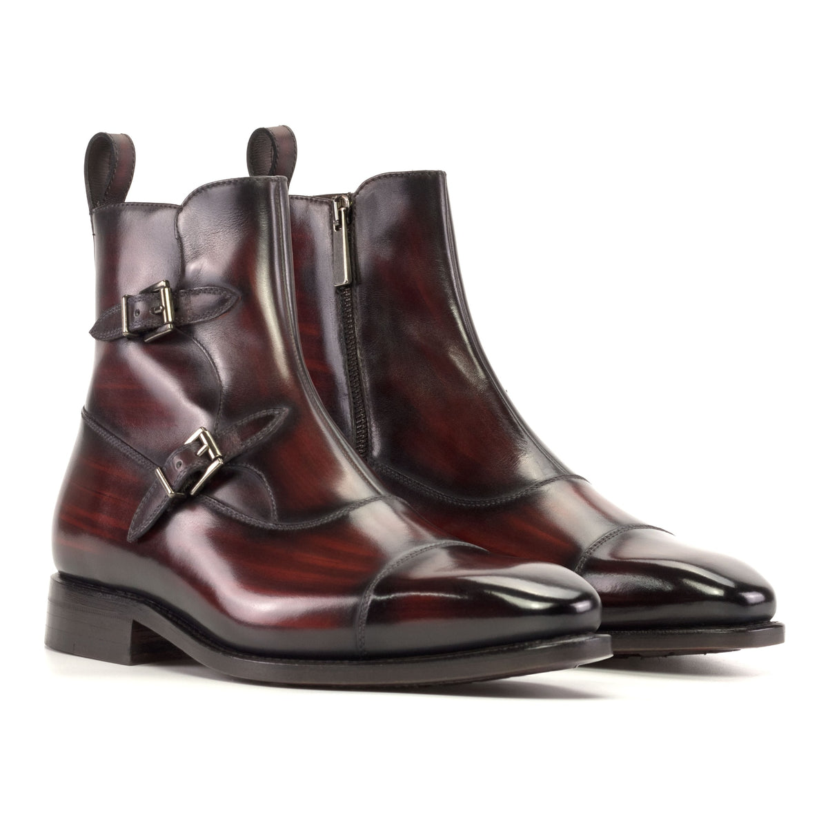 Bottines à Double Boucles en cuir patiné bordeaux – vue 1