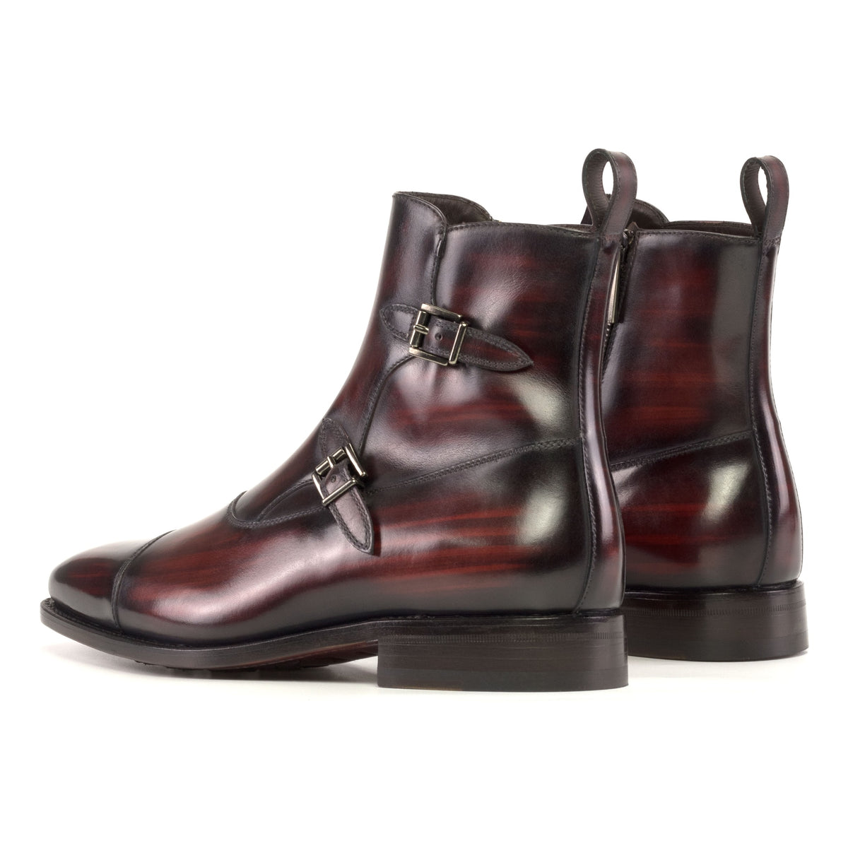 Bottines à Double Boucles en cuir patiné bordeaux – vue 3