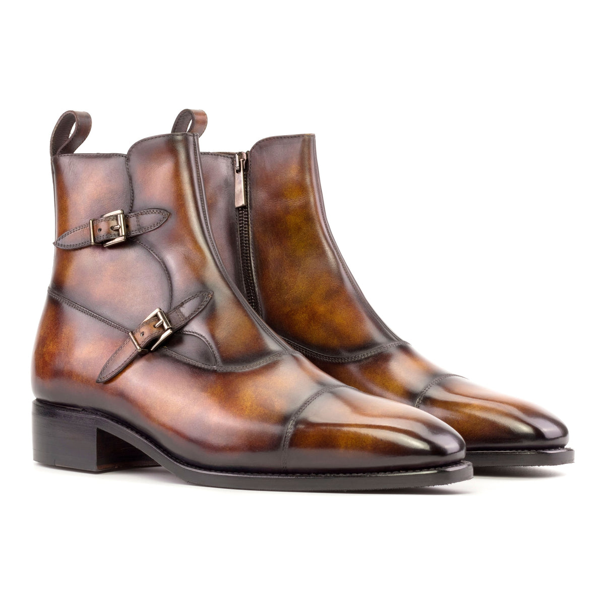 Bottines à Double Boucles en cuir patiné marron – vue 1