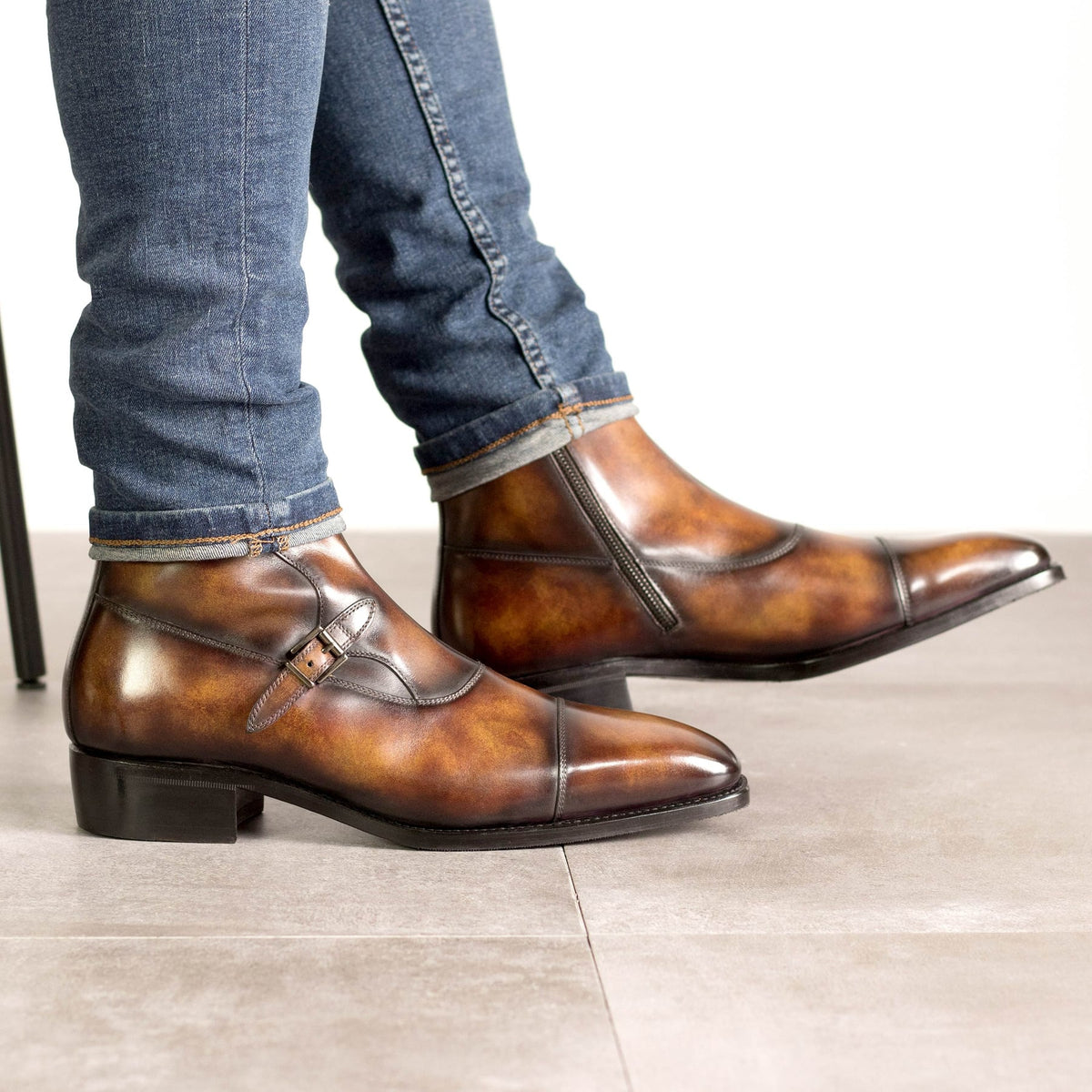Bottines à Double Boucles en cuir patiné marron – vue 5