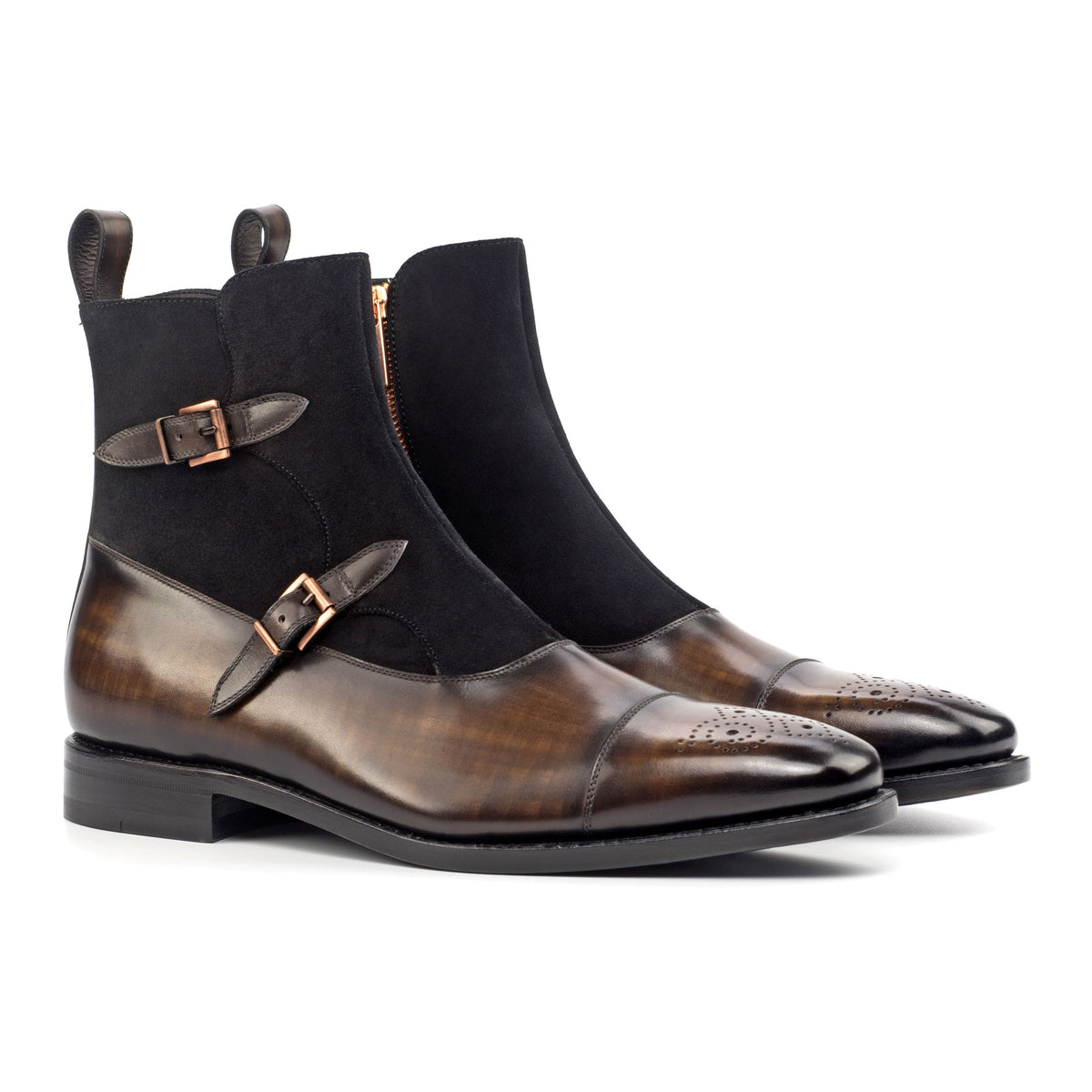 Bottines à Double Boucles en cuir patiné marron et daim noir – vue 1
