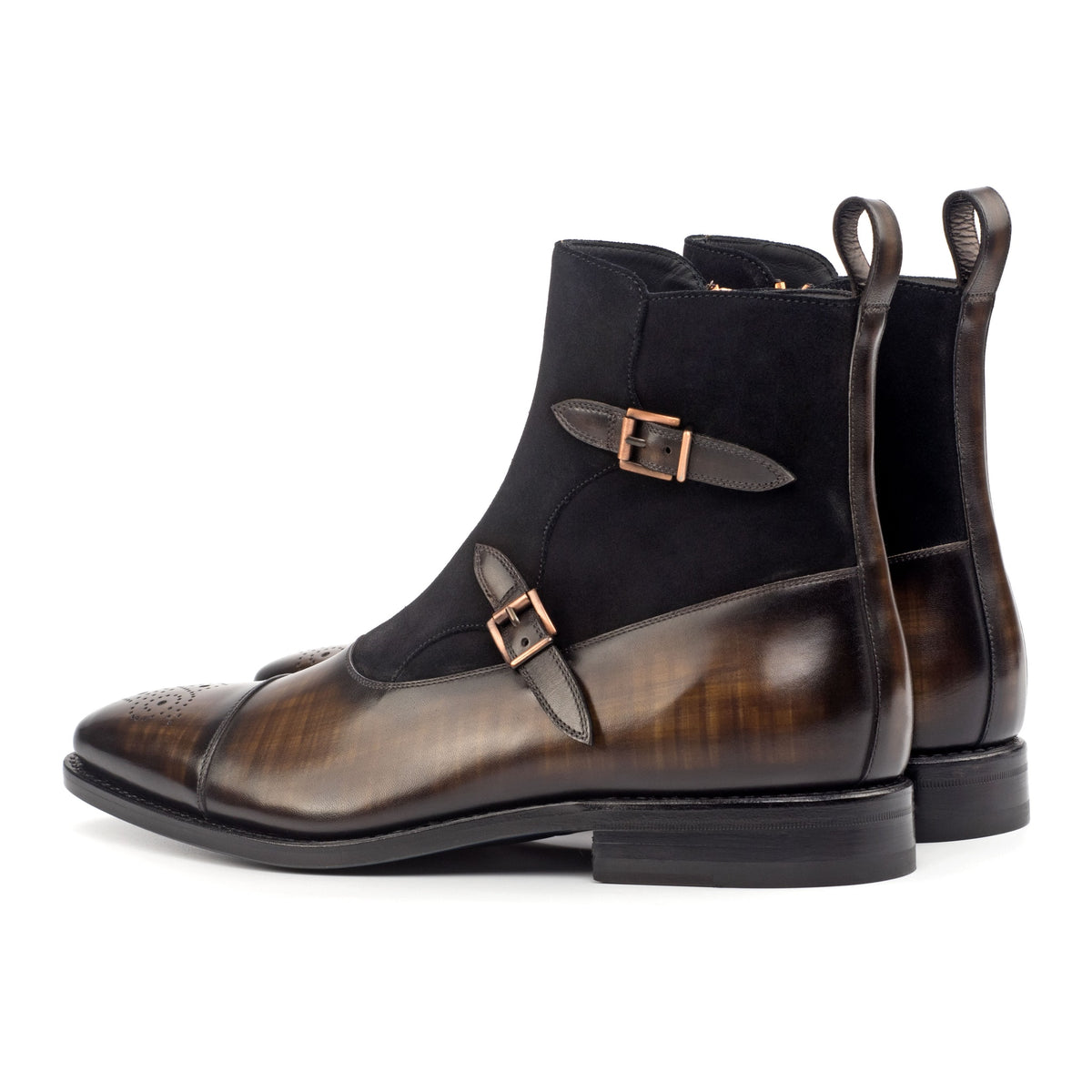 Bottines à Double Boucles en cuir patiné marron et daim noir – vue 3