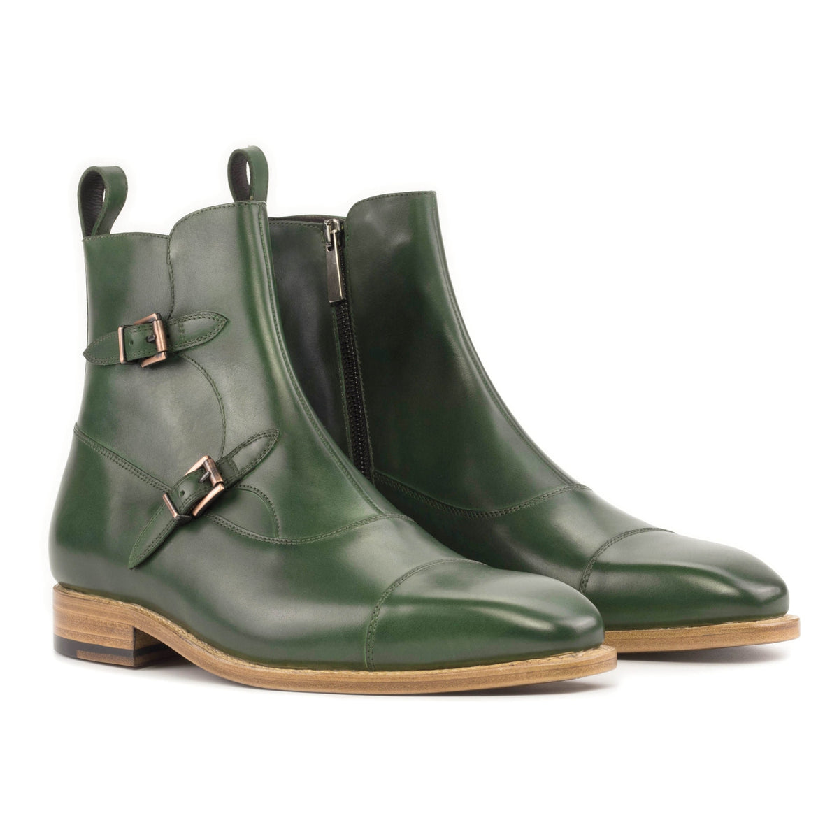 Bottines à Double Boucles en cuir vert – vue 1