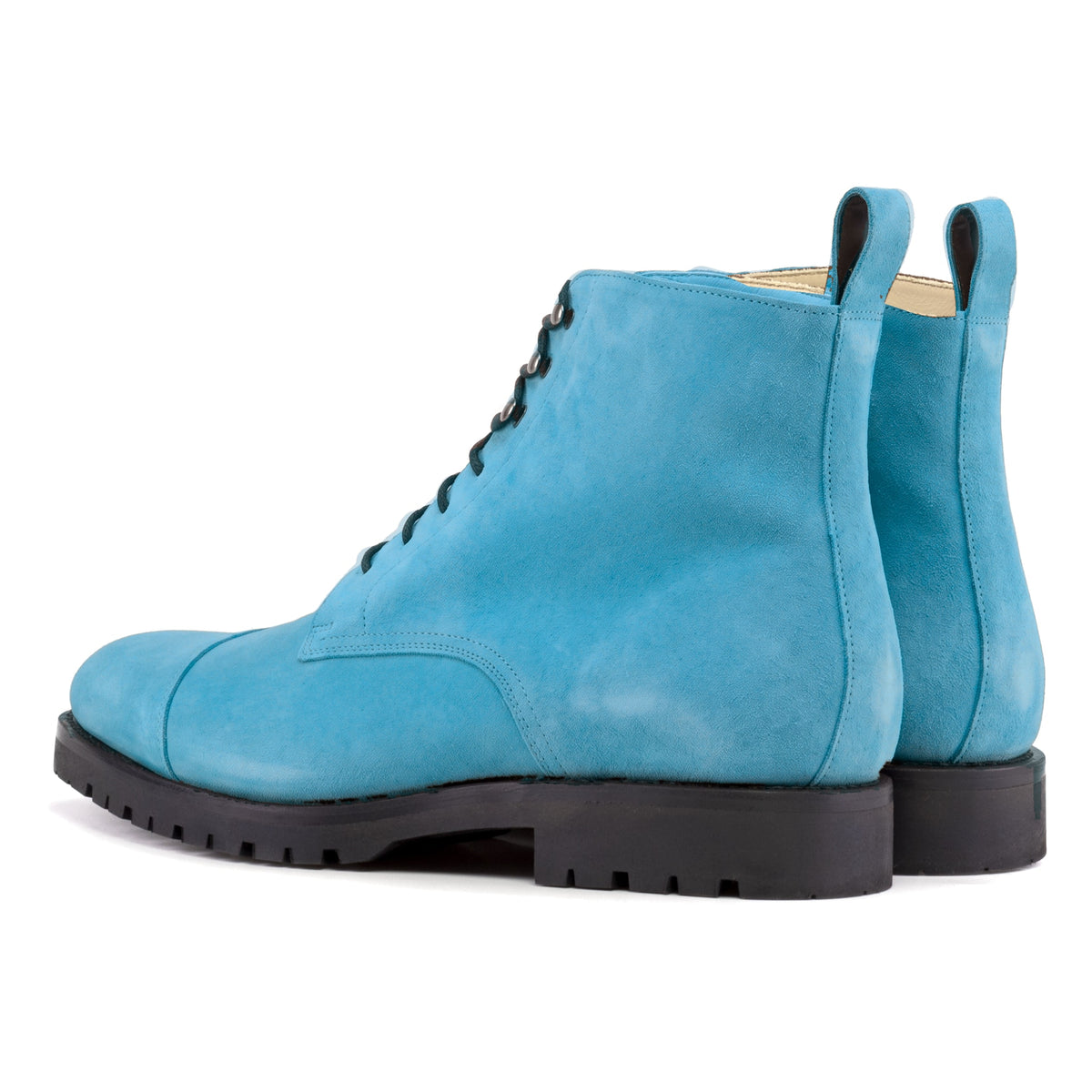 Bottines Bout Droit en daim de chevreau turquoise, vue de trois quarts arrière