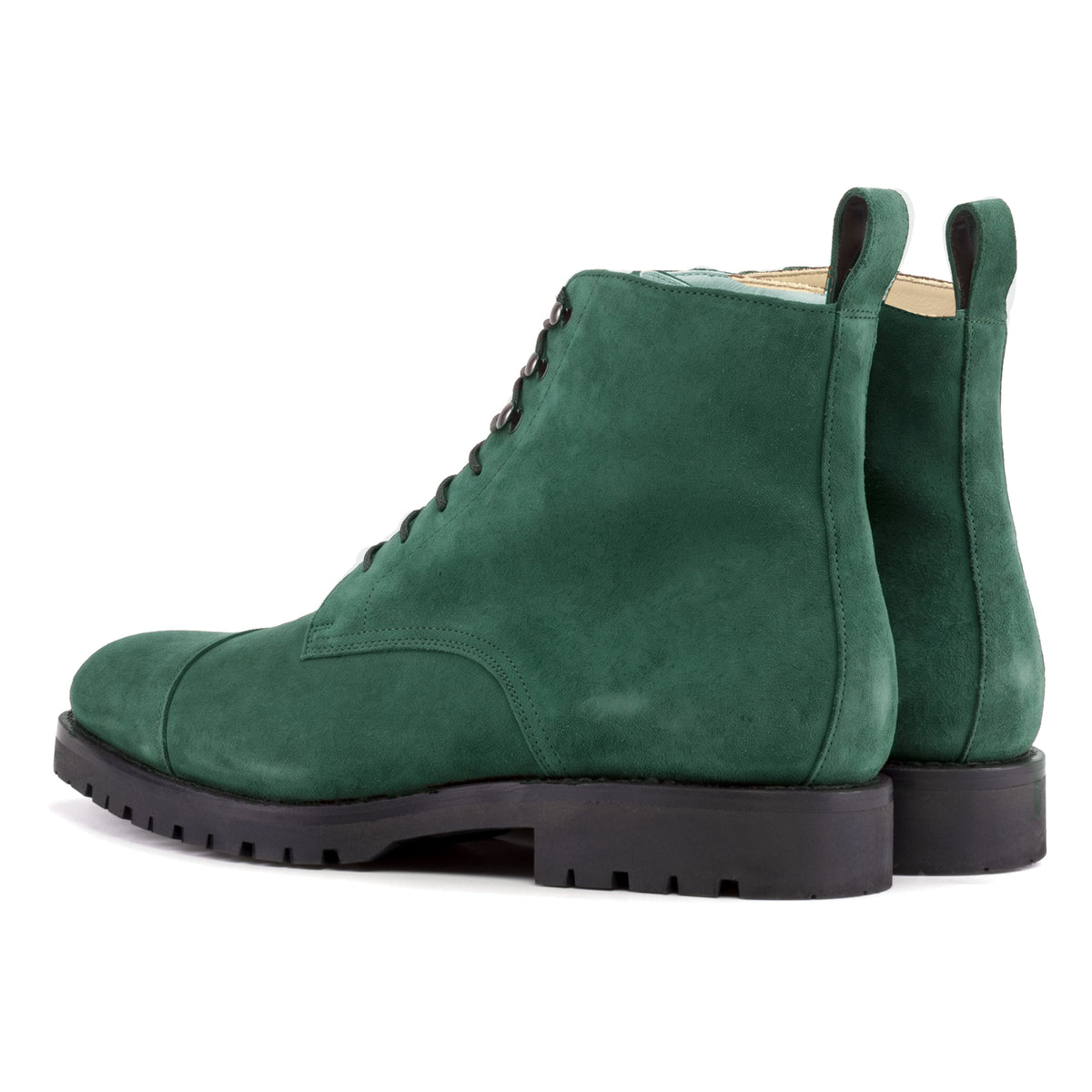 Bottines Bout Droit en daim de chevreau vert forêt, vue de trois quarts arrière