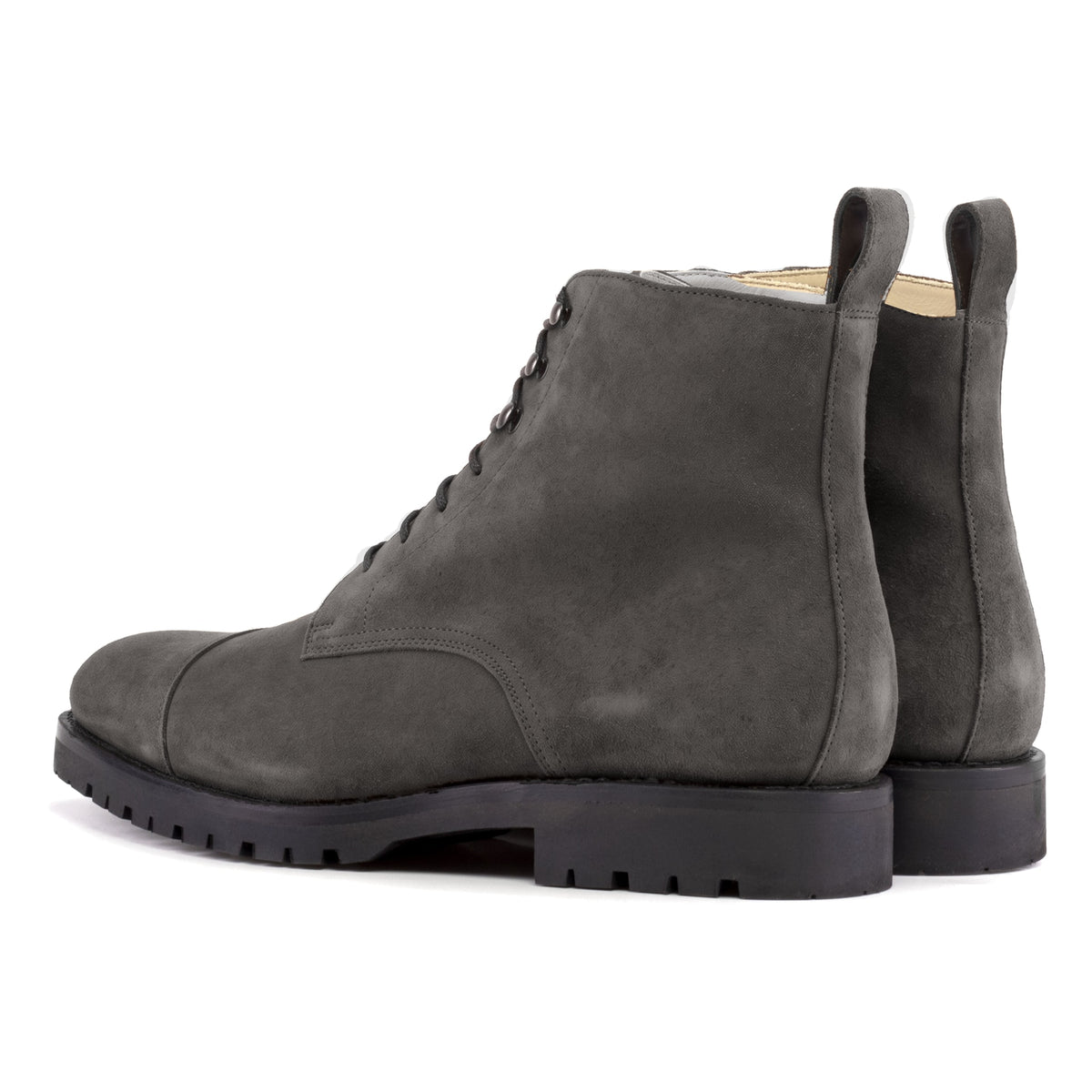 Bottines Bout Droit en daim gris, vue de trois quarts arrière