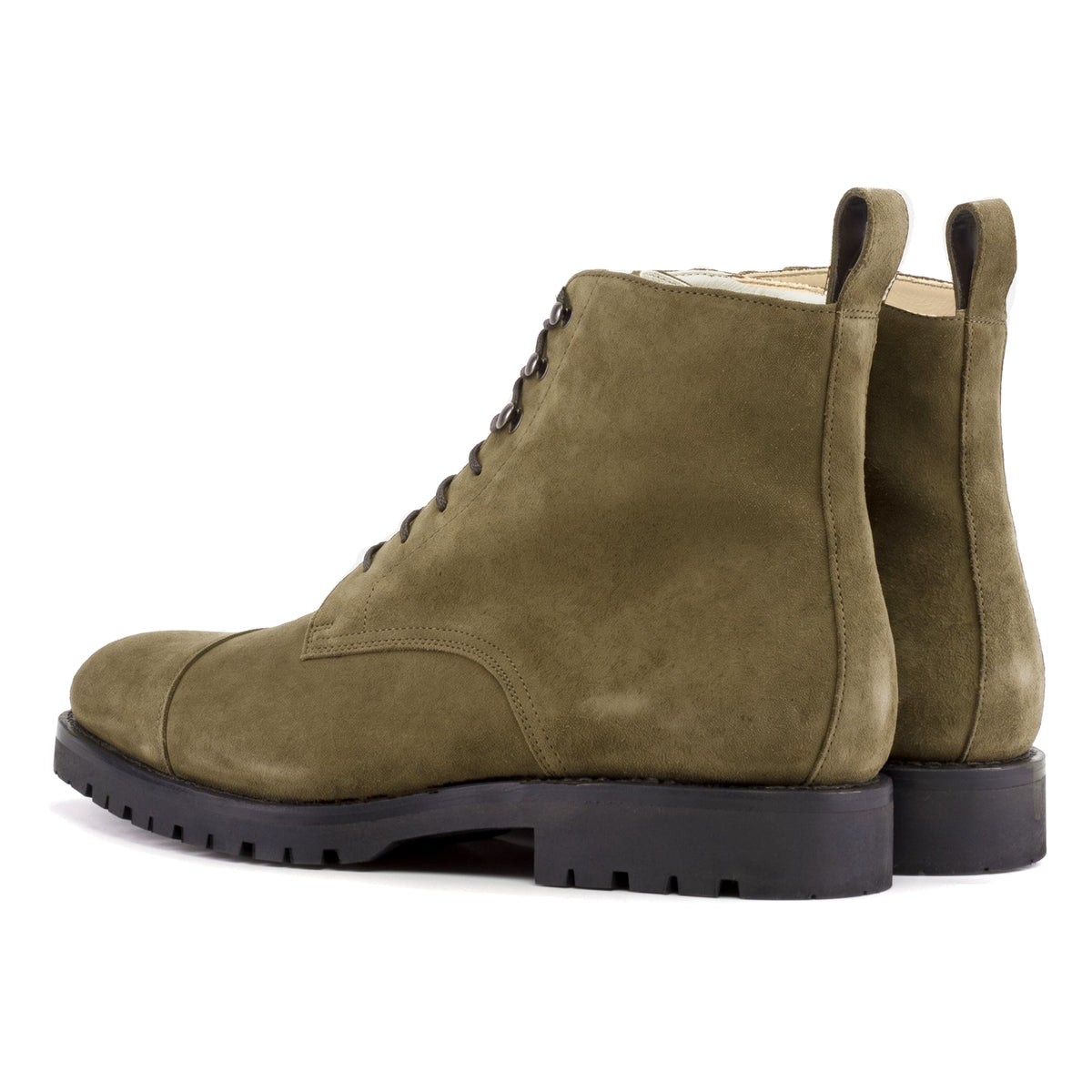 Bottines Bout Droit en daim kaki, vue de trois quarts arrière
