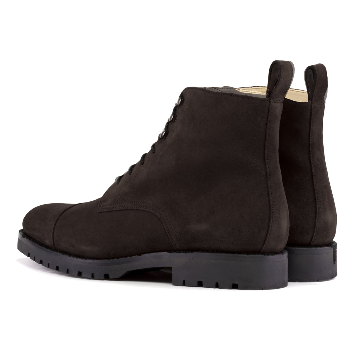 Bottines Bout Droit en daim marron foncé, vue de trois quarts arrière