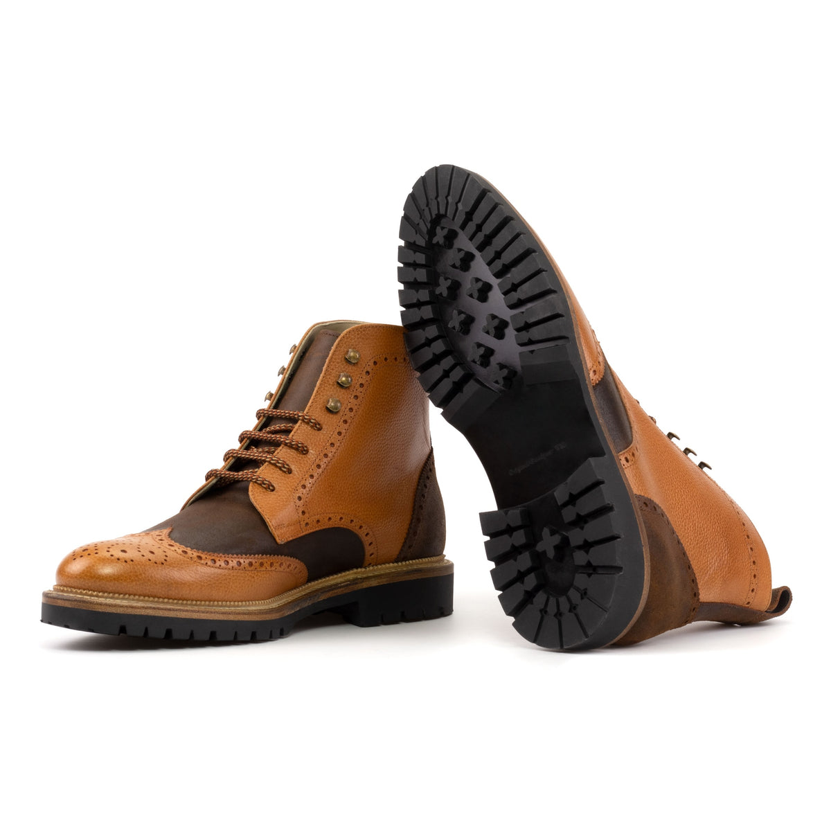 Bottines Derbies Brogue en cuir grainé gold et daim ciré - Semelles Commando – vue 2