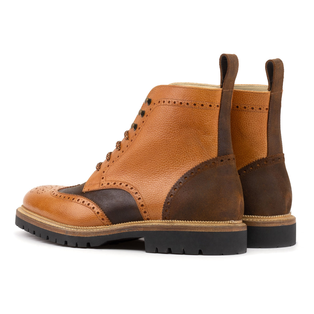 Bottines Derbies Brogue en cuir grainé gold et daim ciré - Semelles Commando – vue 3