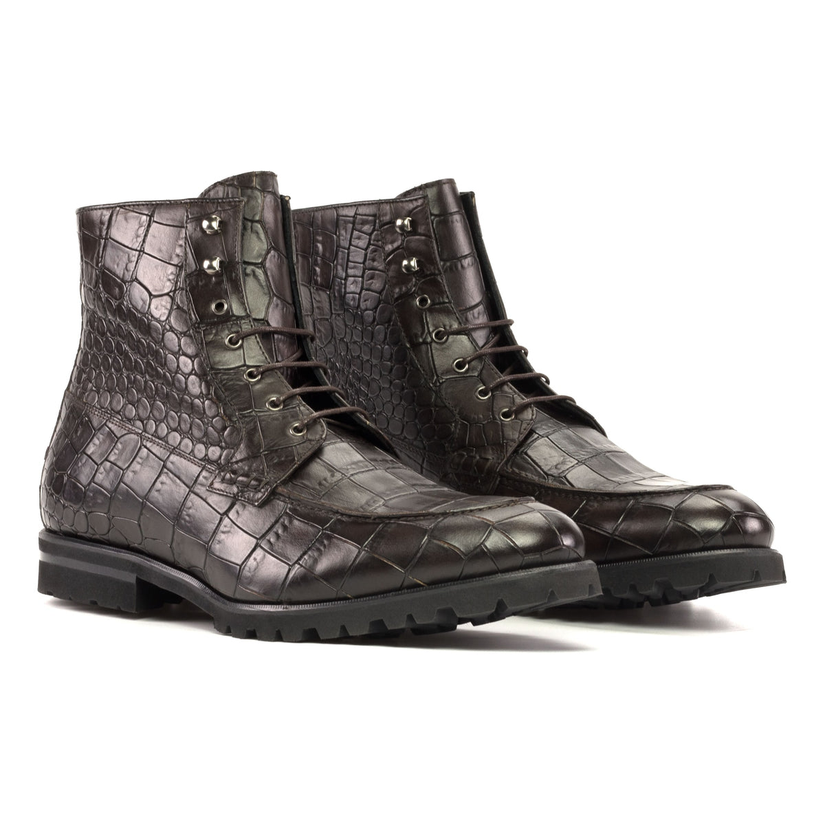 Bottines Derby Demi-Chasse en cuir croco marron foncé - Semelles Commando – vue 1