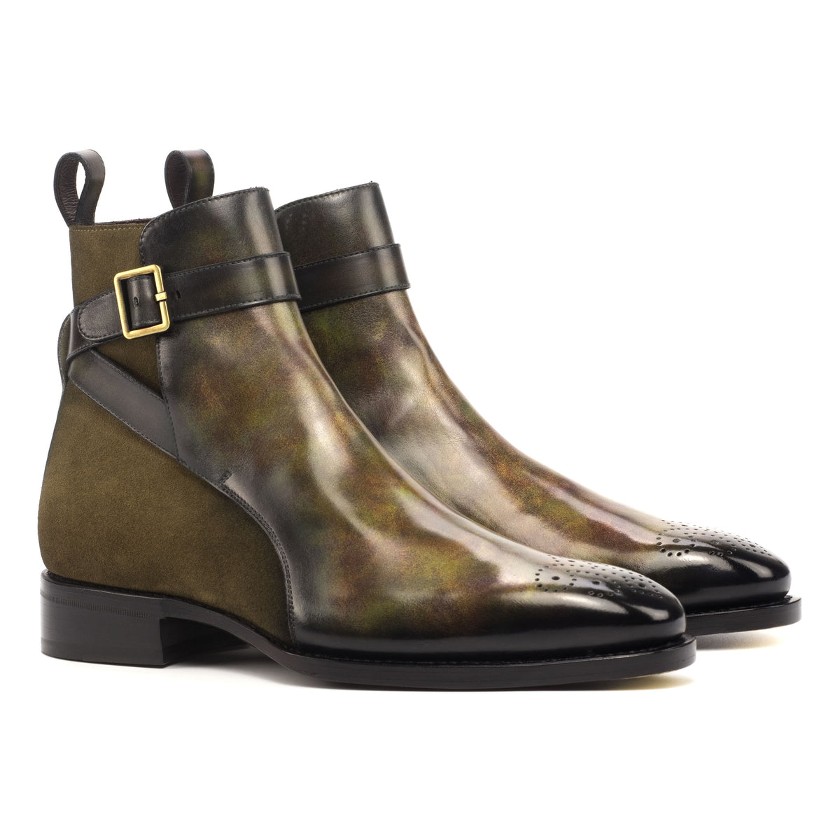 Bottines Jodhpur bout fleuri en cuir patiné et daim vert – vue 1