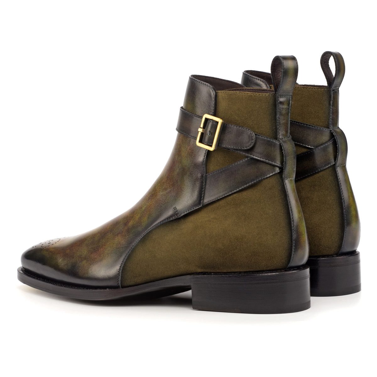 Bottines Jodhpur bout fleuri en cuir patiné et daim vert – vue 3