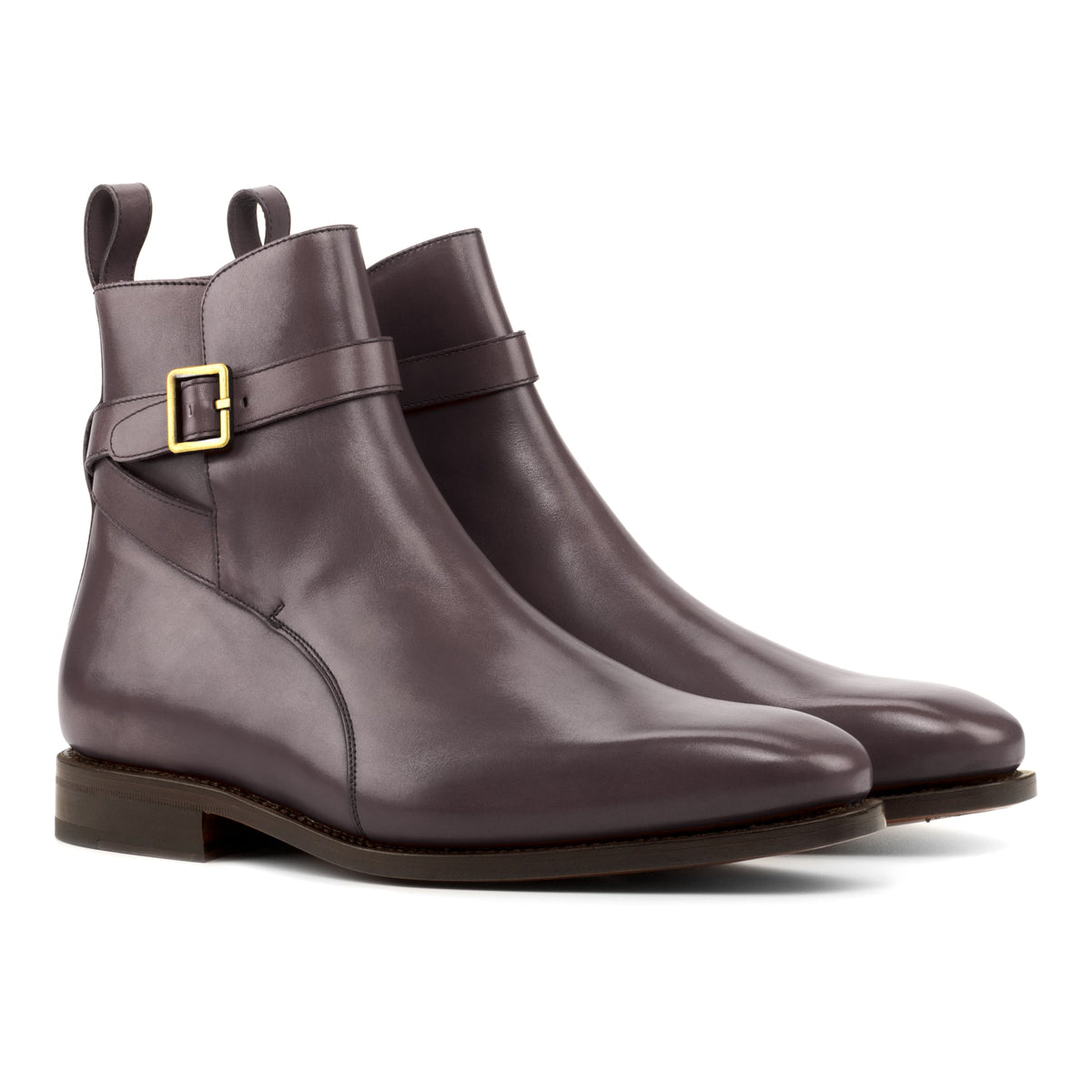 Bottines Jodhpur en cuir bordeaux, vue de trois quarts avant