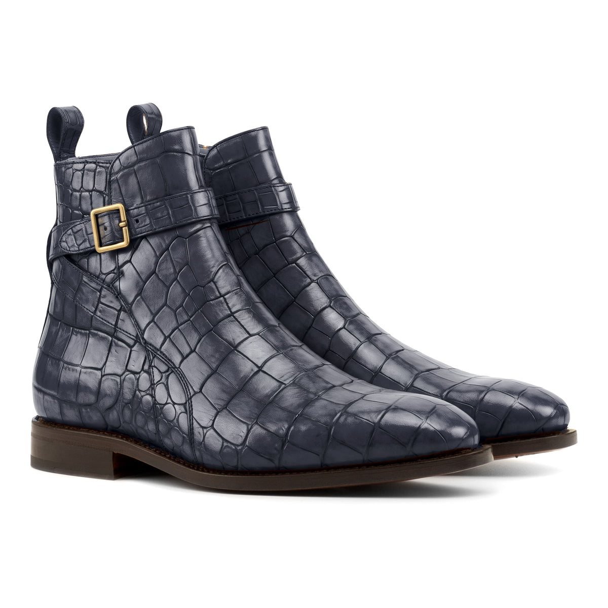 Bottines Jodhpur en cuir croco bleu pétrole, vue de trois quarts avant