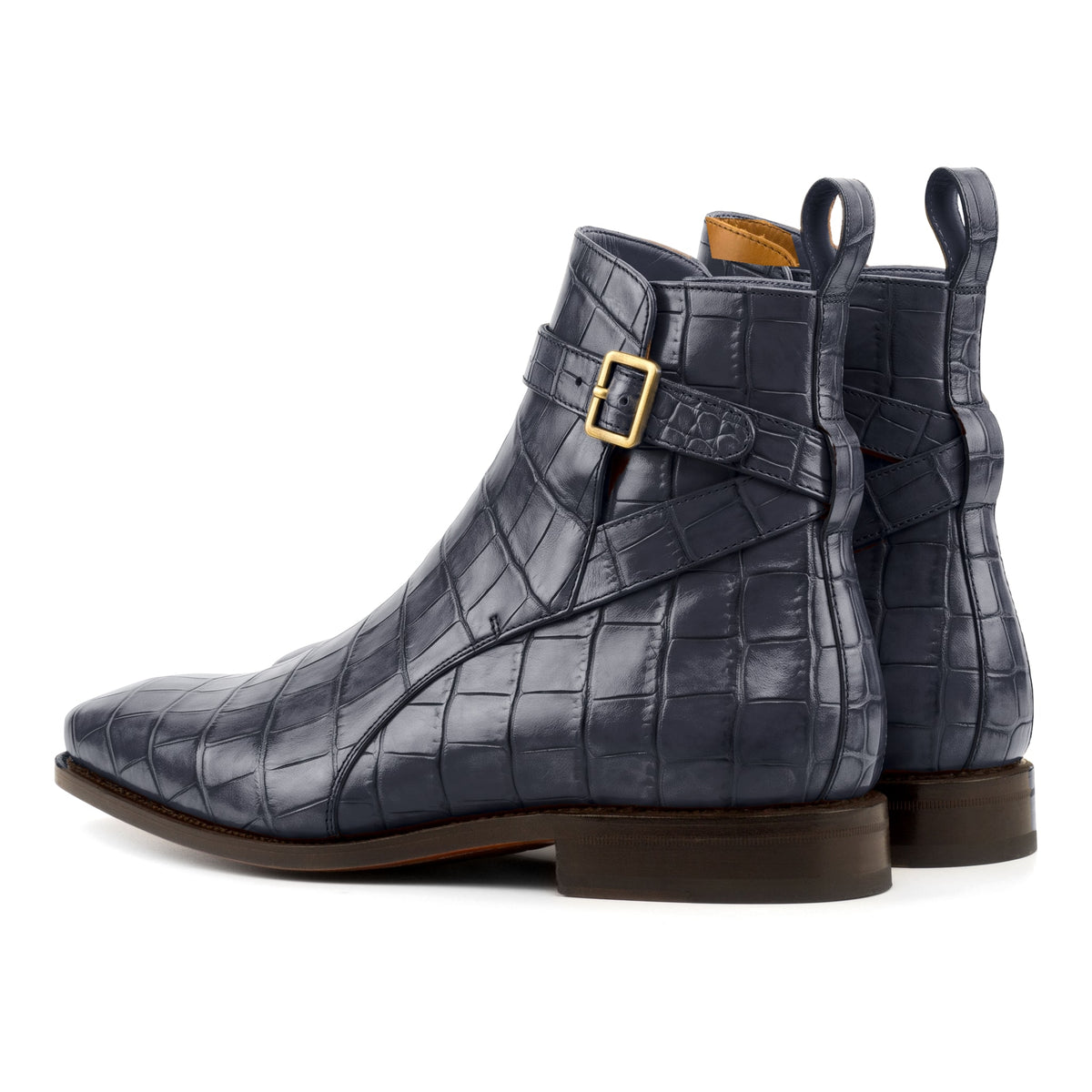 Bottines Jodhpur en cuir croco bleu pétrole, vue de trois quarts arrière