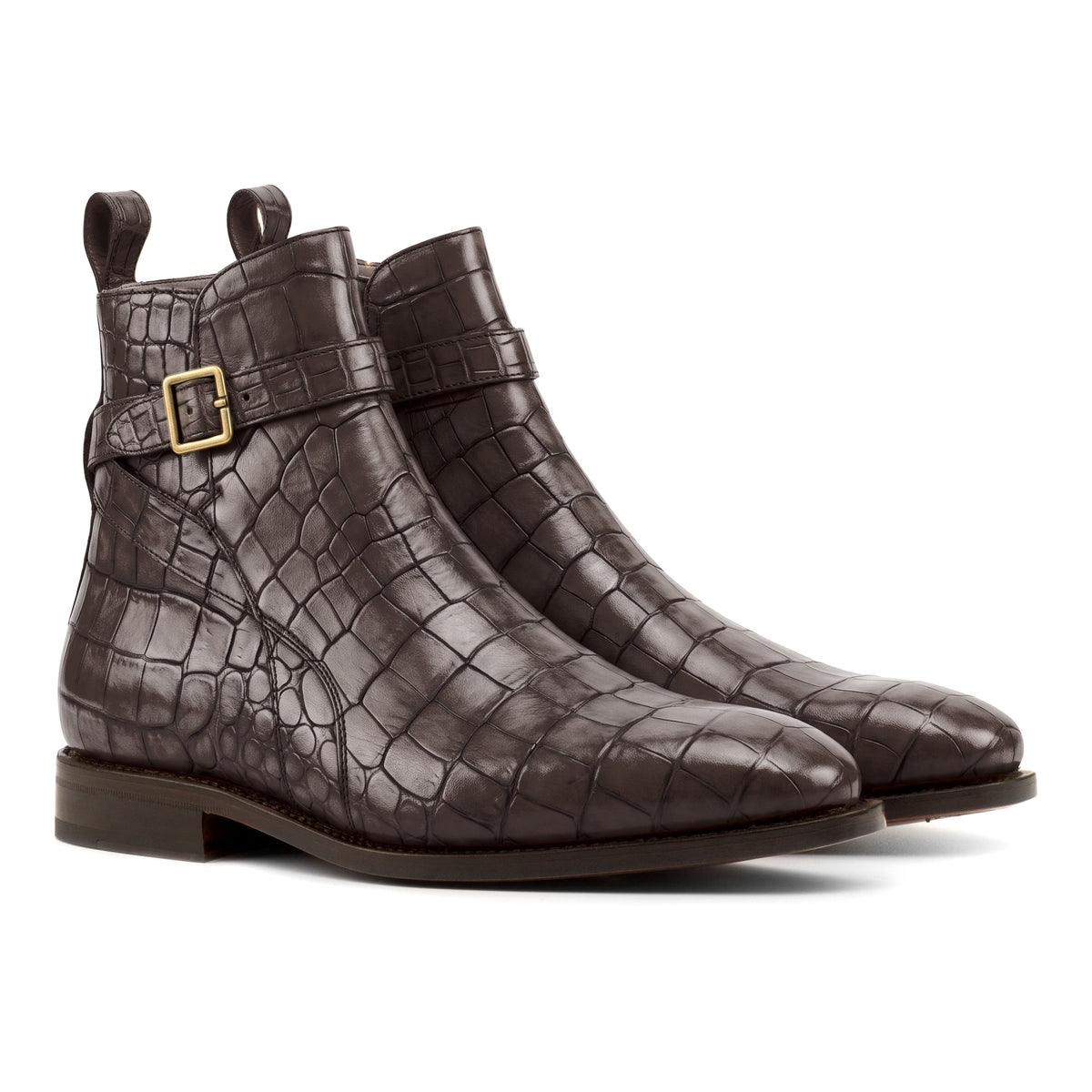 Bottines Jodhpur en cuir croco marron foncé, vue de trois quarts avant